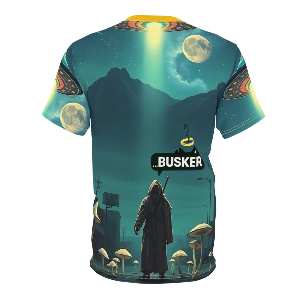 Cosmic Busker Unisex Tee, Galaxy T-Shirt, Sci-Fi Short Sleeve Shirt, Unique Graphic Top, Music Lover Gift, Street Performer Apparel