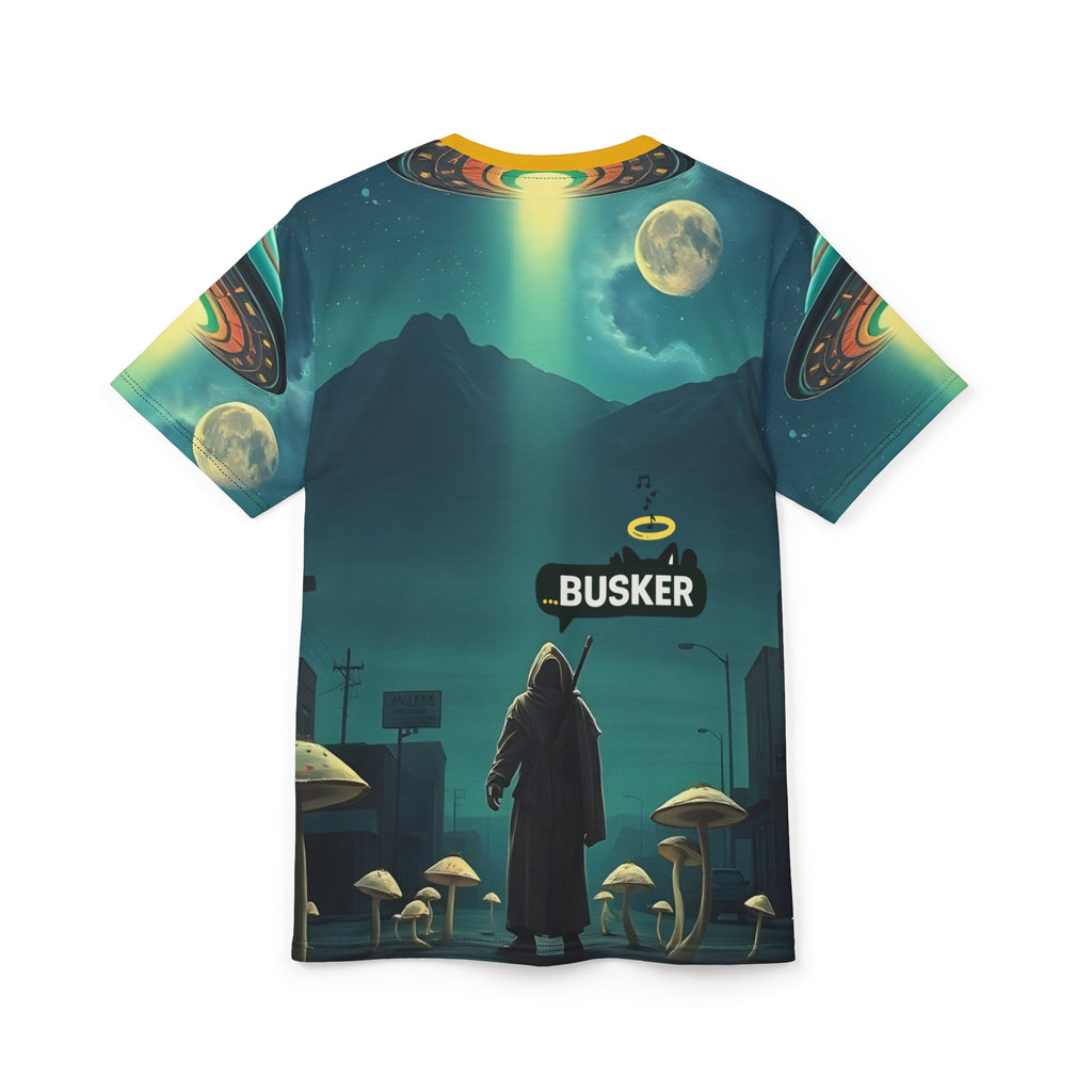 Cosmic Busker Unisex Tee, Galaxy T-Shirt, Sci-Fi Short Sleeve Shirt, Unique Graphic Top, Music Lover Gift, Street Performer Apparel