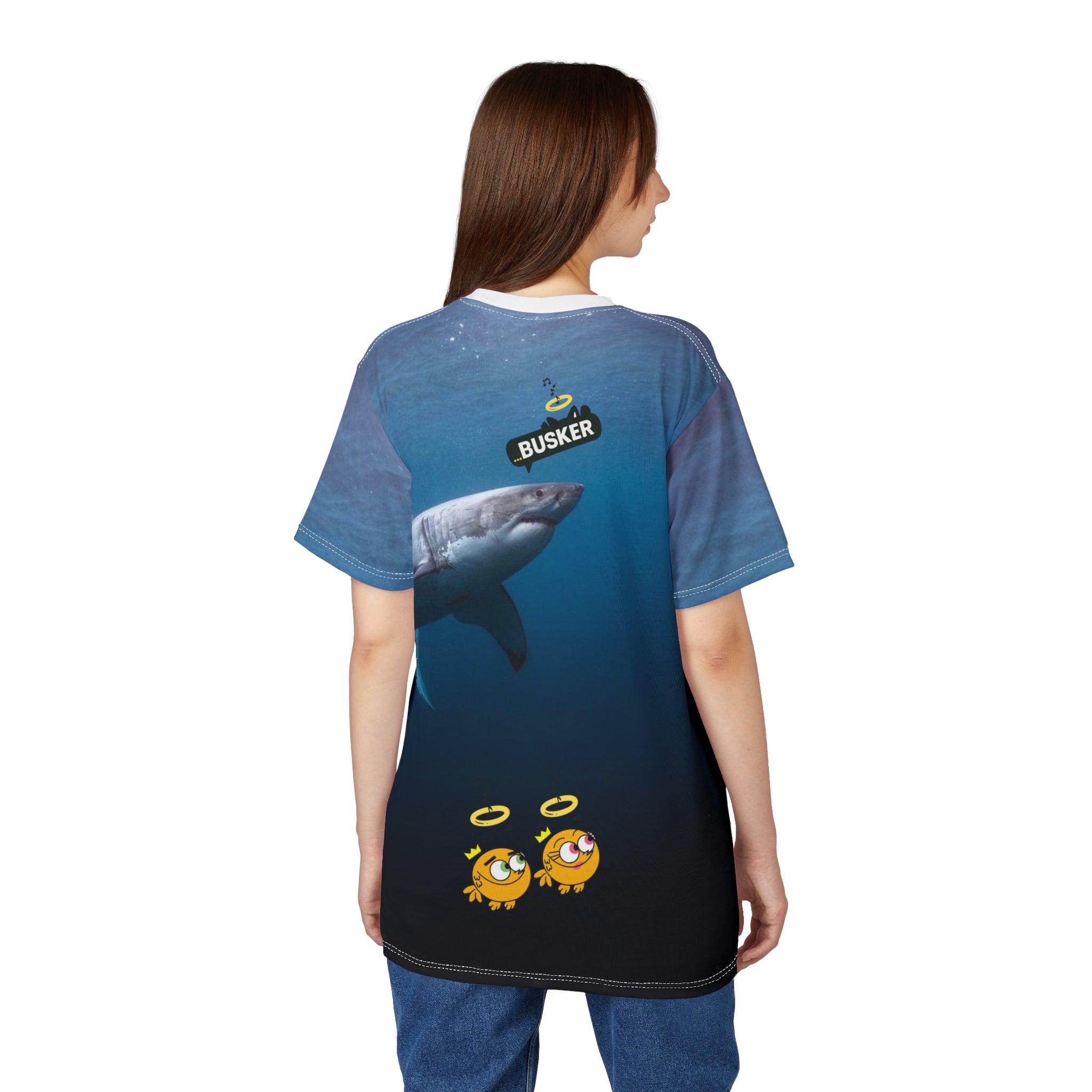 Ocean-Inspired Unisex Cut & Sew Tee, Unique Shark Design, Beachwear, Fun Gift for Ocean Lovers, Playful and Comfortable Clothing