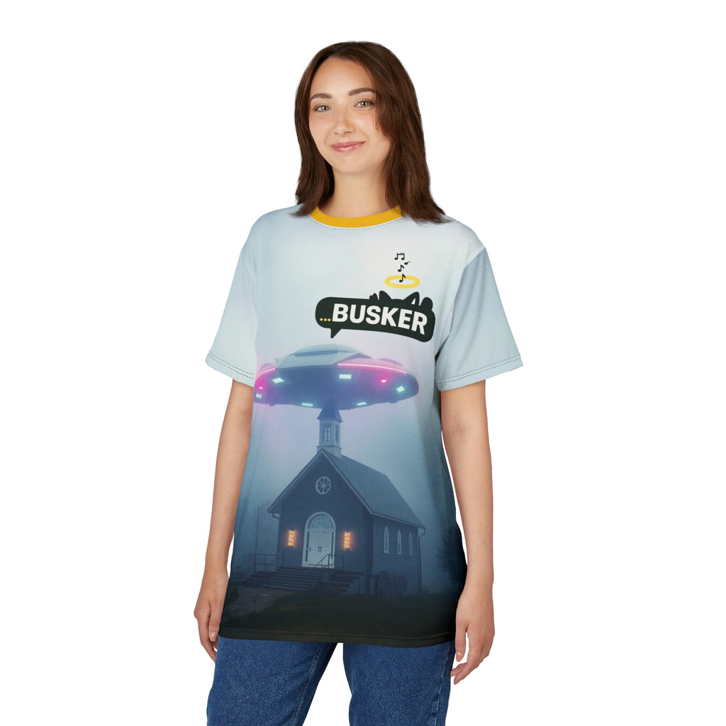 Cool Graphic Tee for Music Lovers | UFO Busker Design, Unique T-Shirt, Music Festival Wear, Quirky Gift, Unisex Casual Wear