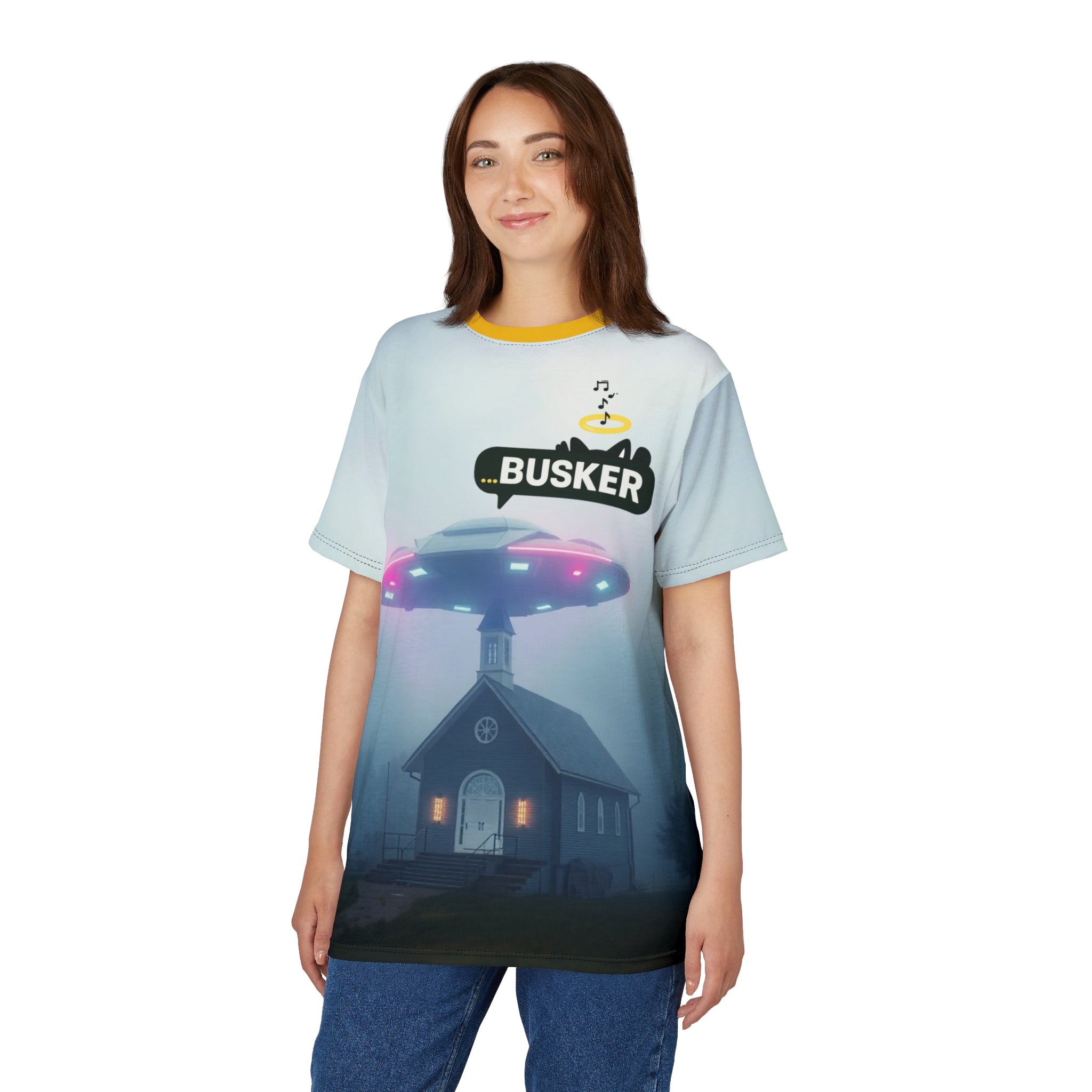 Cool Graphic Tee for Music Lovers | UFO Busker Design, Unique T-Shirt, Music Festival Wear, Quirky Gift, Unisex Casual Wear