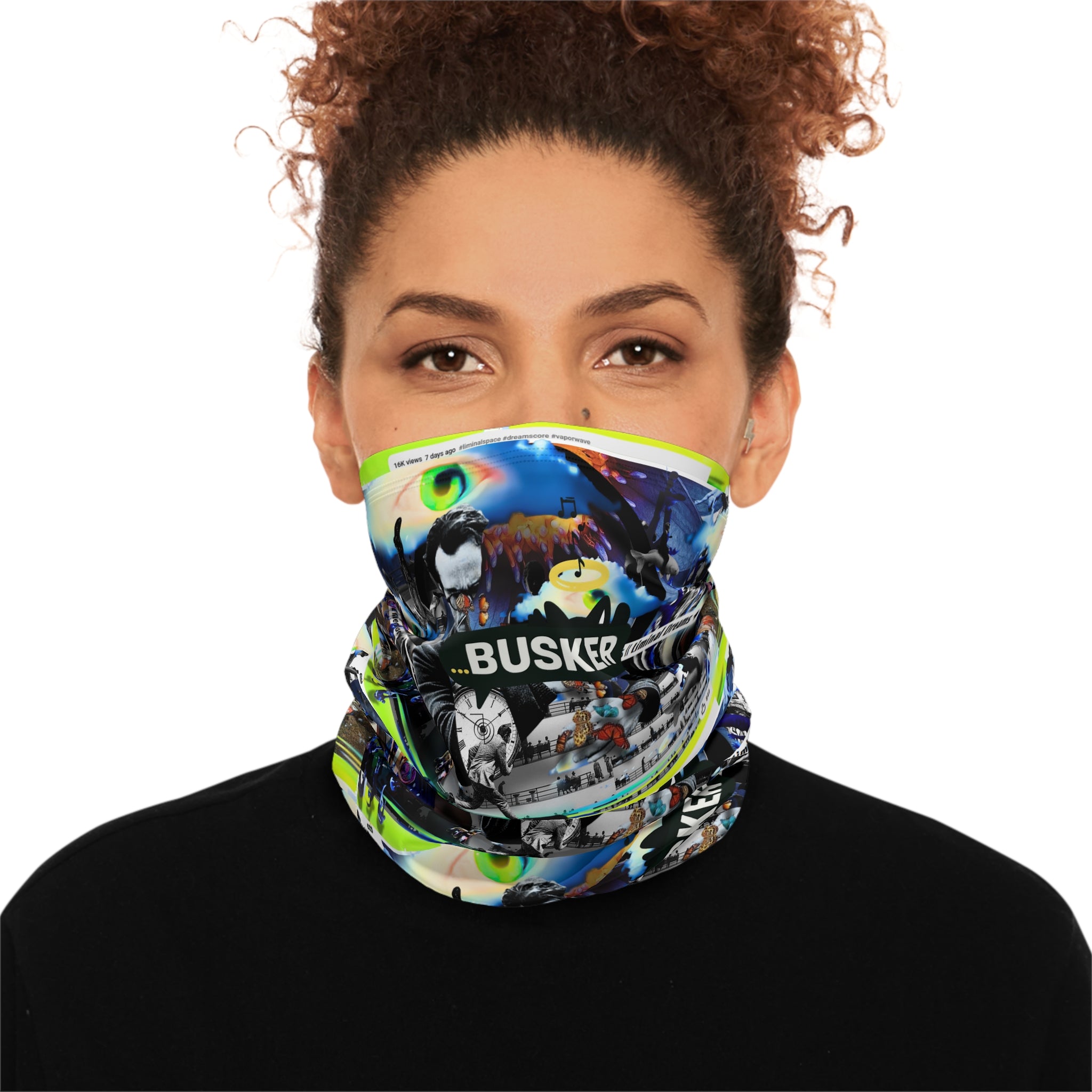 Busker Collage Winter Neck Gaiter with Drawstring — Vibrant Street Performer Graphic Face Mask