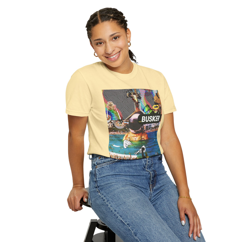 Vibrant Busker T-Shirt, Unisex Graphic Tee, Street Art Inspired Apparel, Casual Wear, Summer Festival Clothing