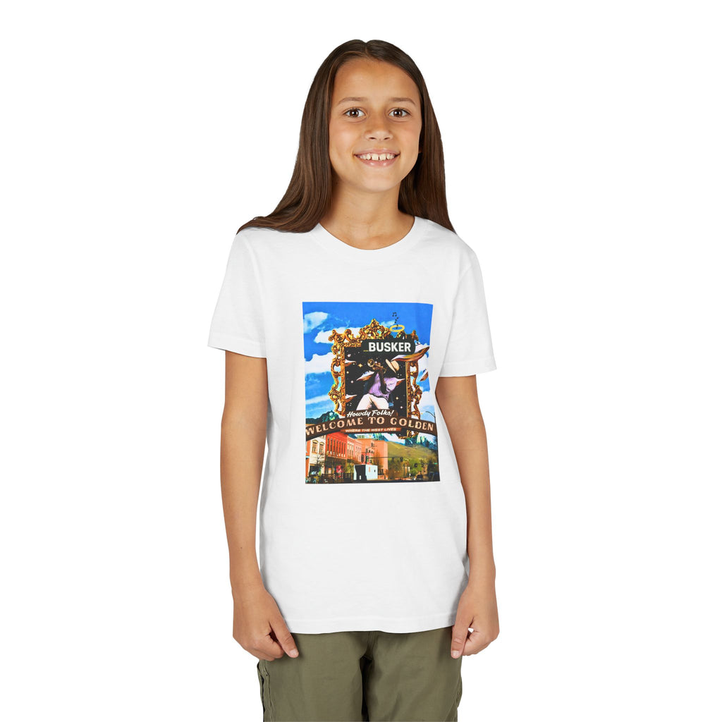 Golden Busker Youth Tee, Summer T-Shirt, Kids Casual Wear, Music Festival Swag, Gift for Young Artists