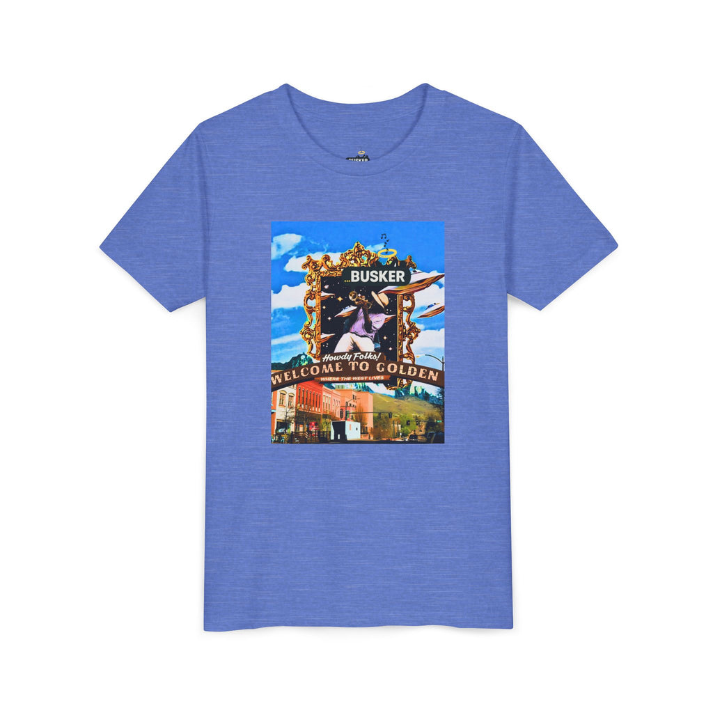 Golden Busker Youth Tee, Summer T-Shirt, Kids Casual Wear, Music Festival Swag, Gift for Young Artists