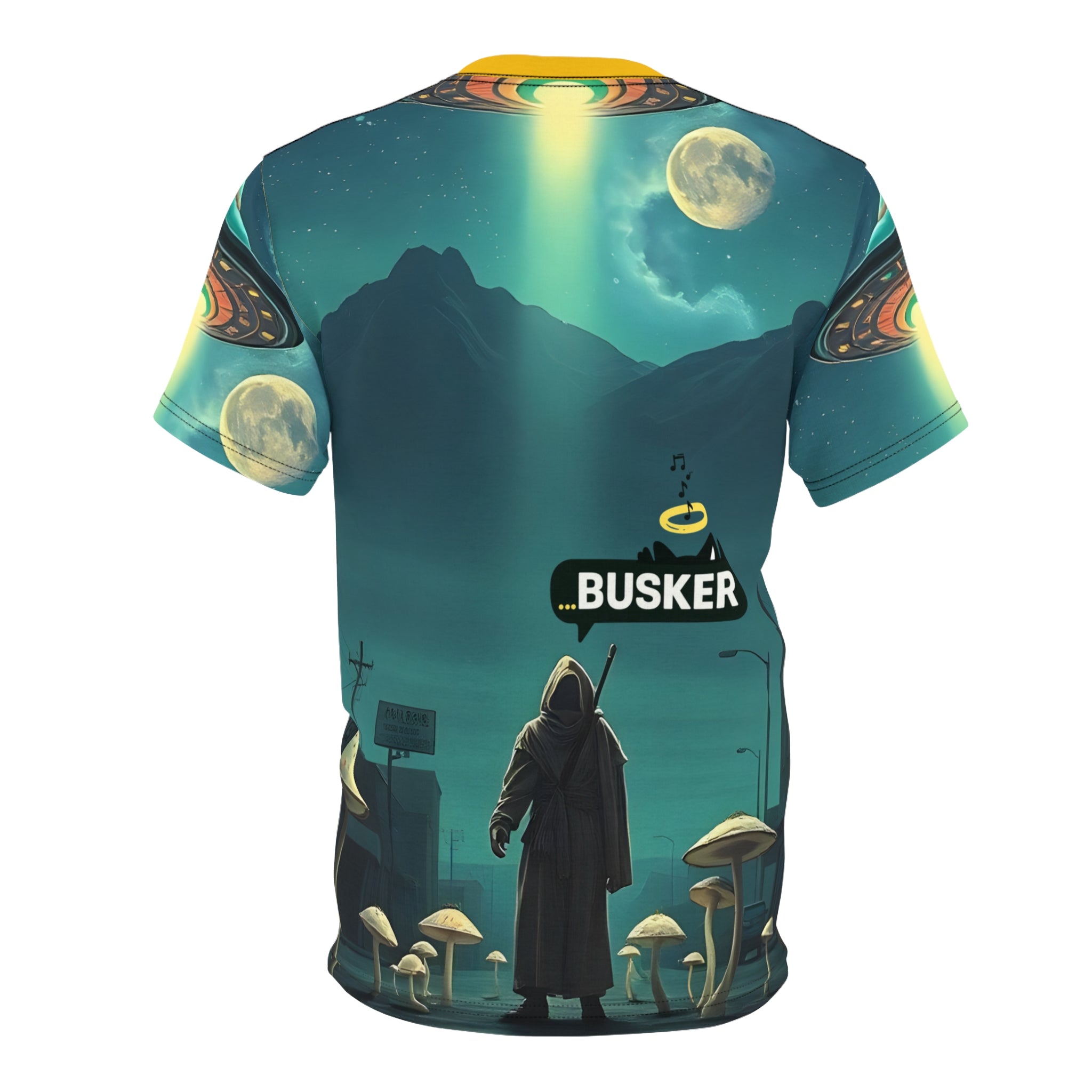 Cosmic Busker Unisex Tee, Galaxy T-Shirt, Sci-Fi Short Sleeve Shirt, Unique Graphic Top, Music Lover Gift, Street Performer Apparel