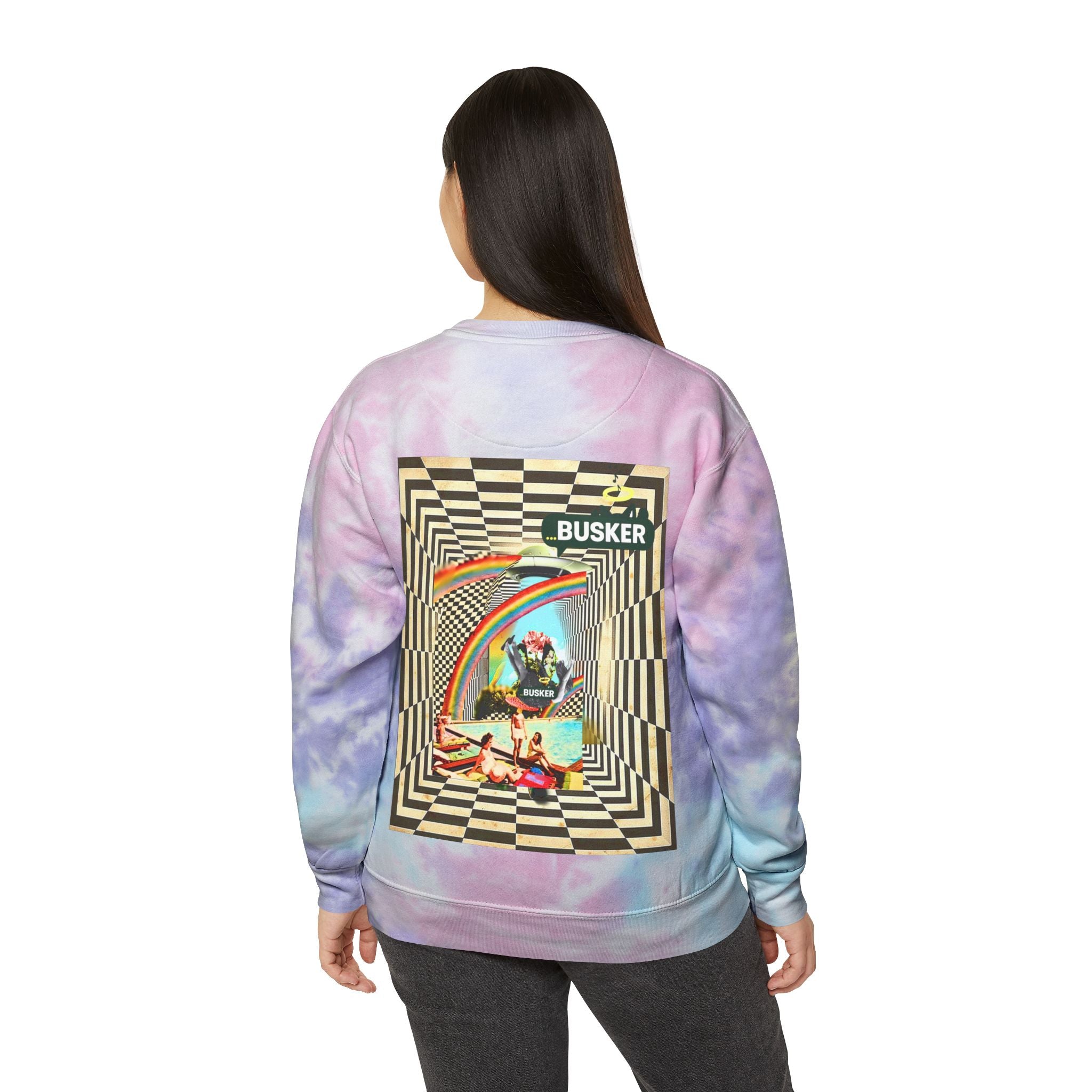 Retro Tie-Dye Sweatshirt with Rainbow Busker Design