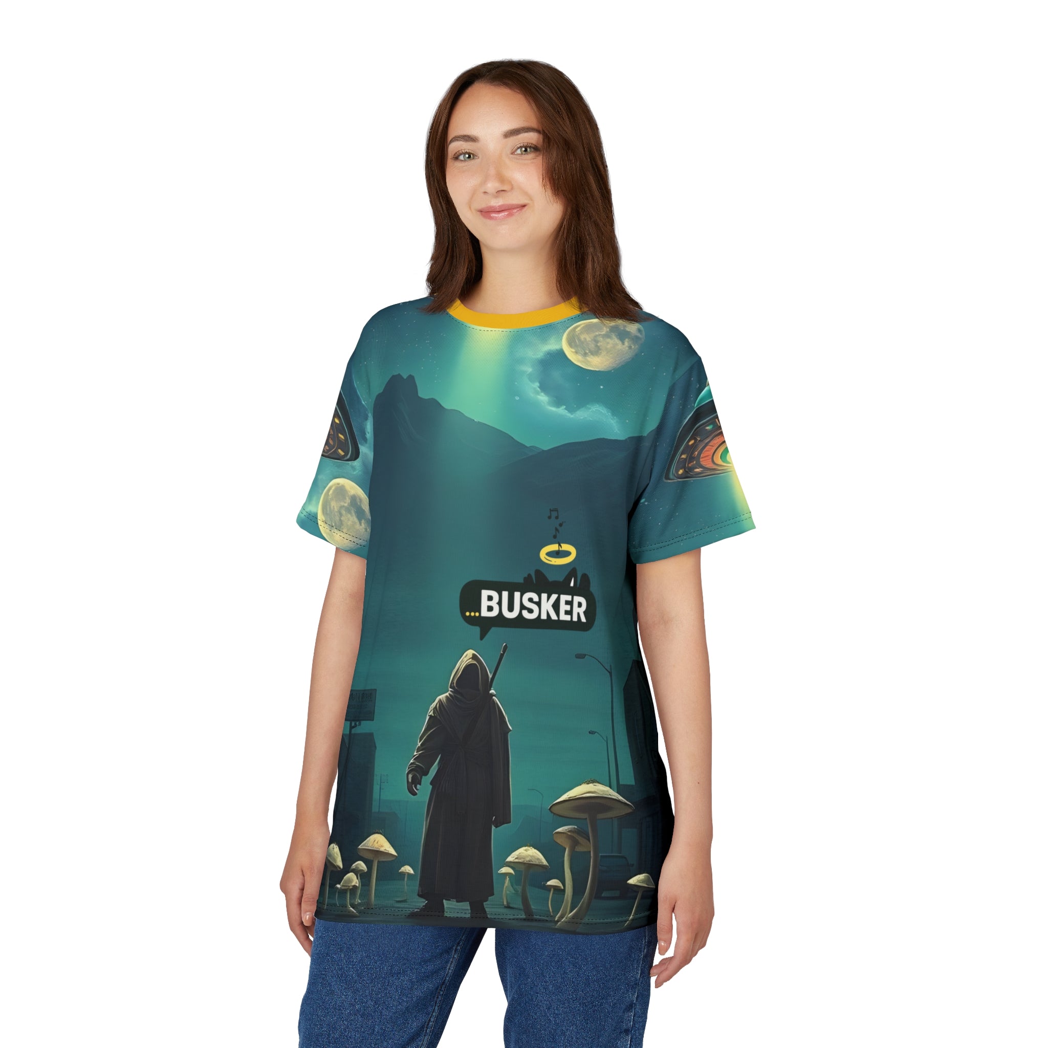 Cosmic Busker Unisex Tee, Galaxy T-Shirt, Sci-Fi Short Sleeve Shirt, Unique Graphic Top, Music Lover Gift, Street Performer Apparel