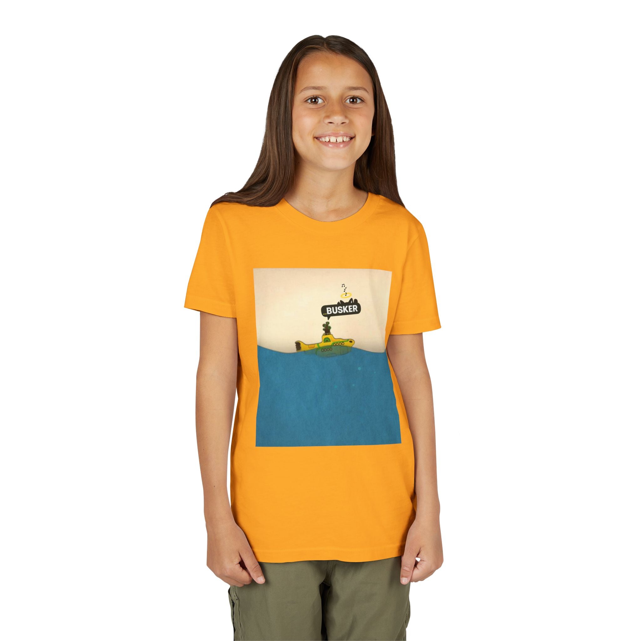 Whimsical Youth Tee with 'Busker' Design, Fun Gift, Summer Style, Music Lovers, Kid's Fashion, Creative Apparel