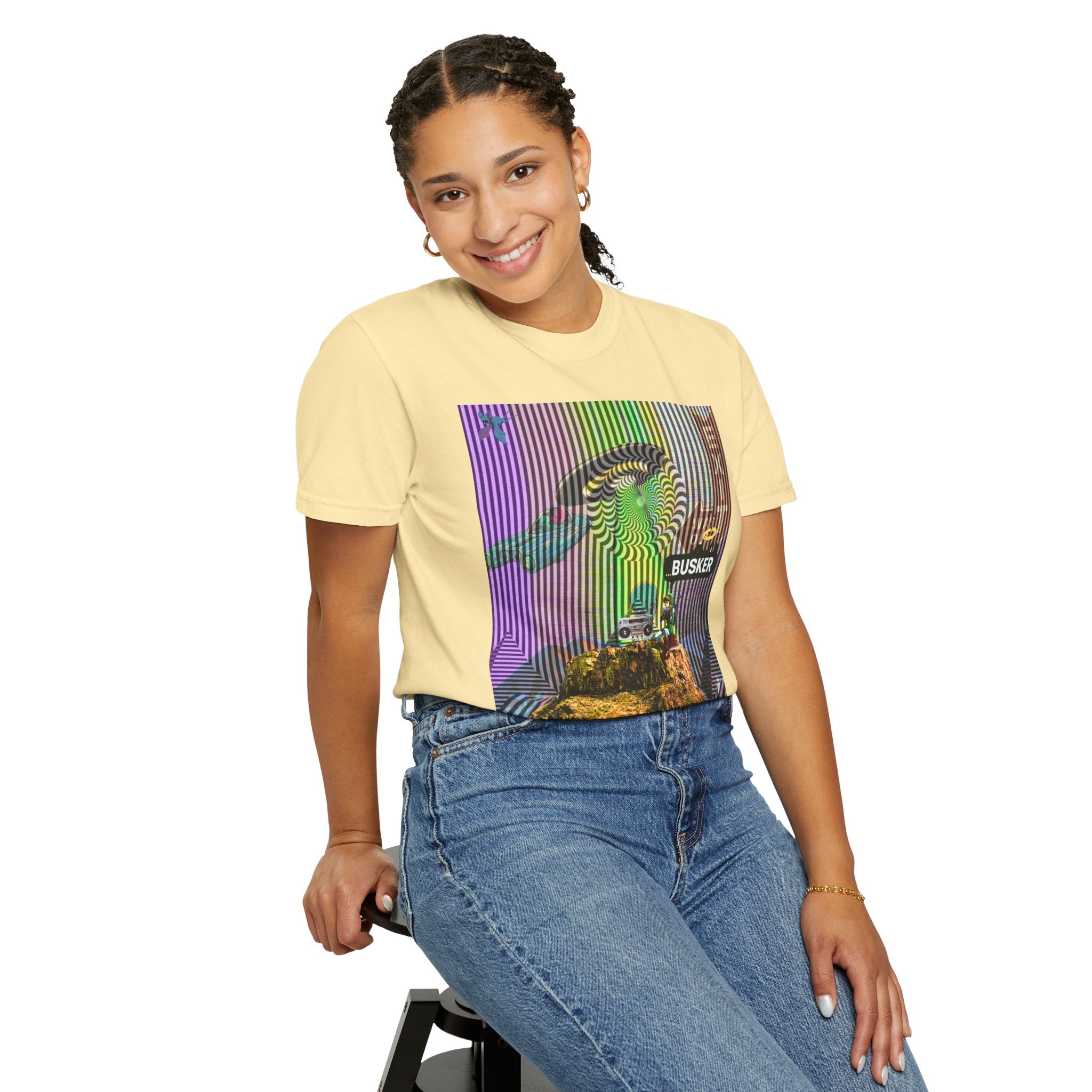 Psychedelic Busker T-Shirt, Unisex Graphic Tee, Music Lover Gift, Festival Wear, Casual Streetwear, Colorful Arttee