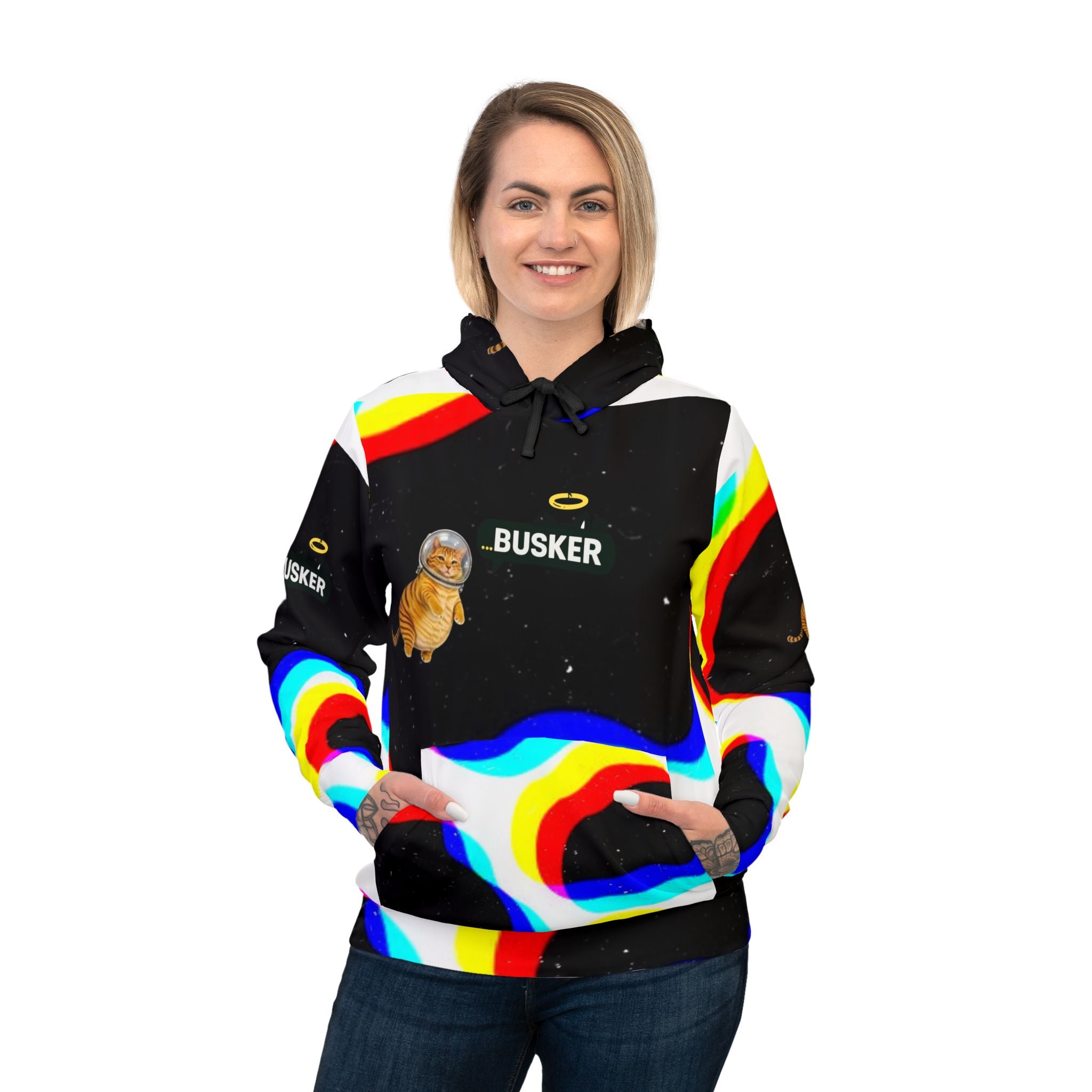 Colorful Space Cat Hoodie, Trendy Athletic Hoodie, Fun Streetwear, Unique Gift for Cat Lovers, Quirky Casual Wear