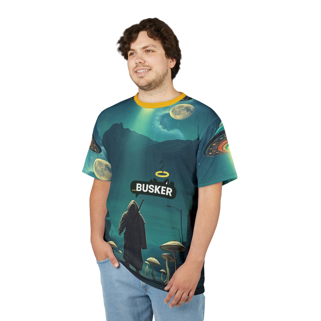 Cosmic Busker Unisex Tee, Galaxy T-Shirt, Sci-Fi Short Sleeve Shirt, Unique Graphic Top, Music Lover Gift, Street Performer Apparel