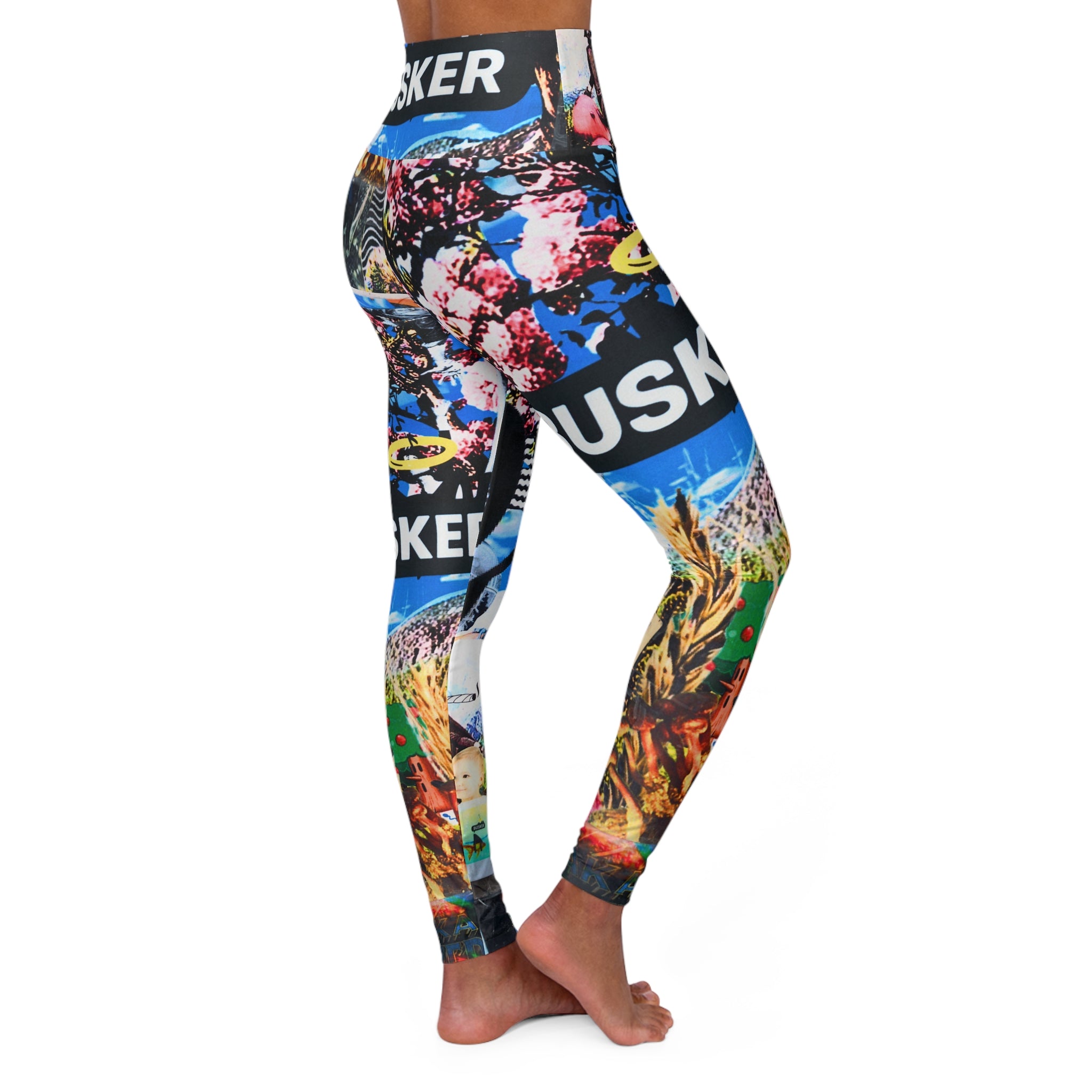 Trippy Farmer Busker Collage High-Waist Yoga Leggings — Vibrant Street-Art AOP