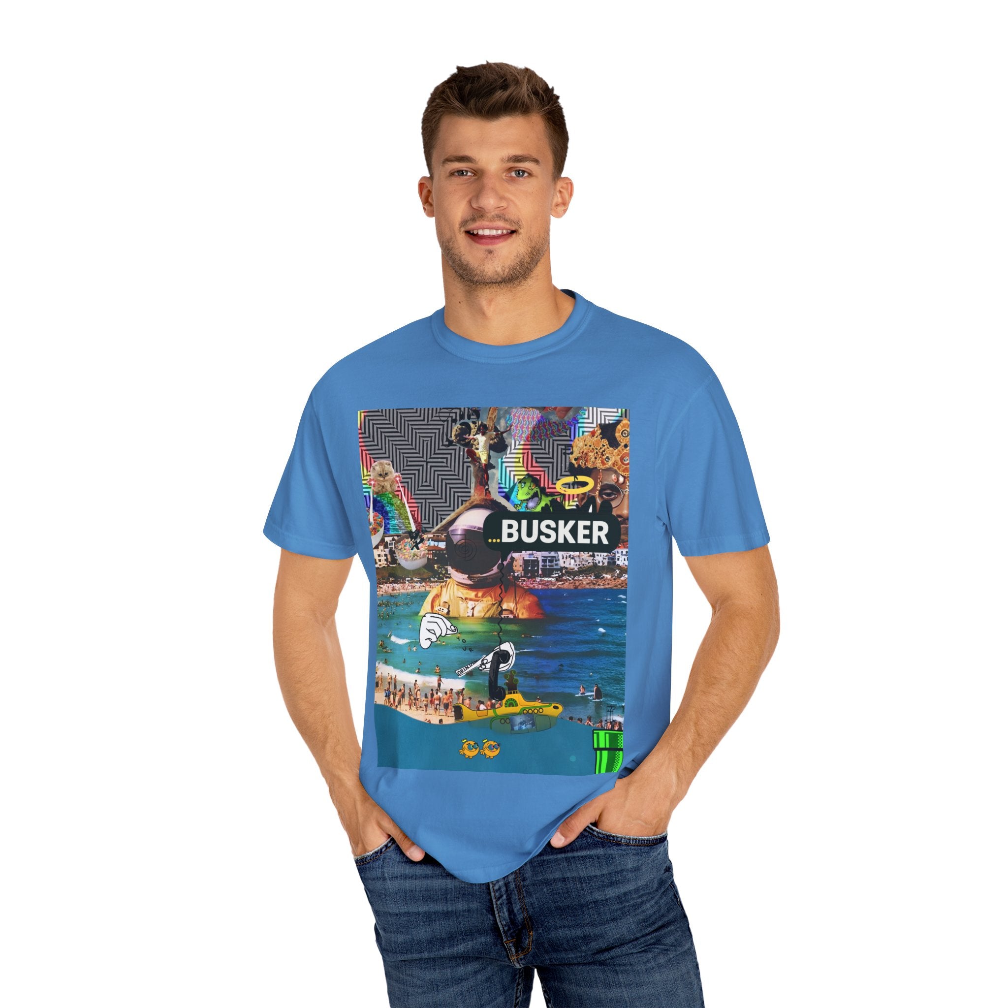 Vibrant Busker T-Shirt, Unisex Graphic Tee, Street Art Inspired Apparel, Casual Wear, Summer Festival Clothing