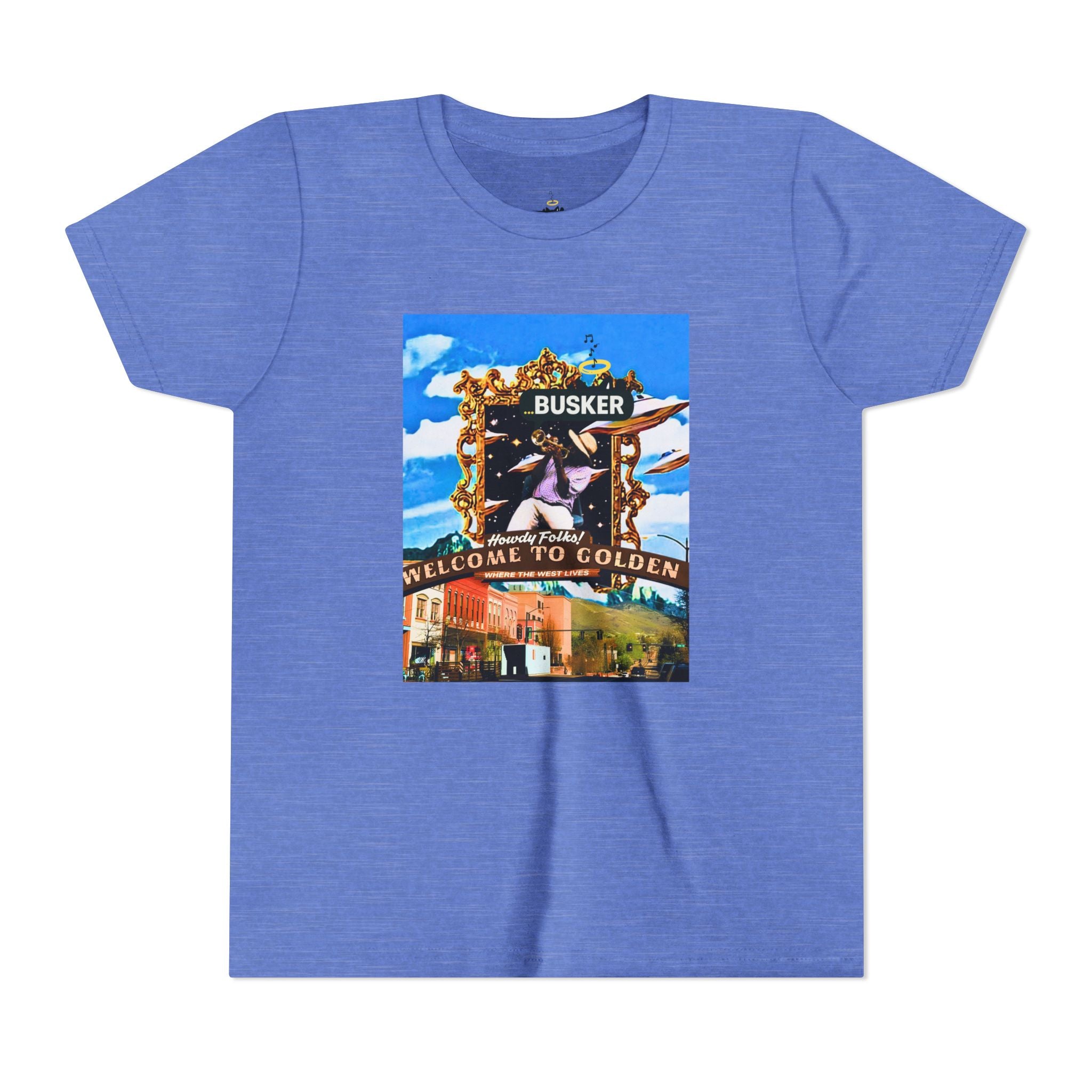 Golden Busker Youth Tee, Summer T-Shirt, Kids Casual Wear, Music Festival Swag, Gift for Young Artists