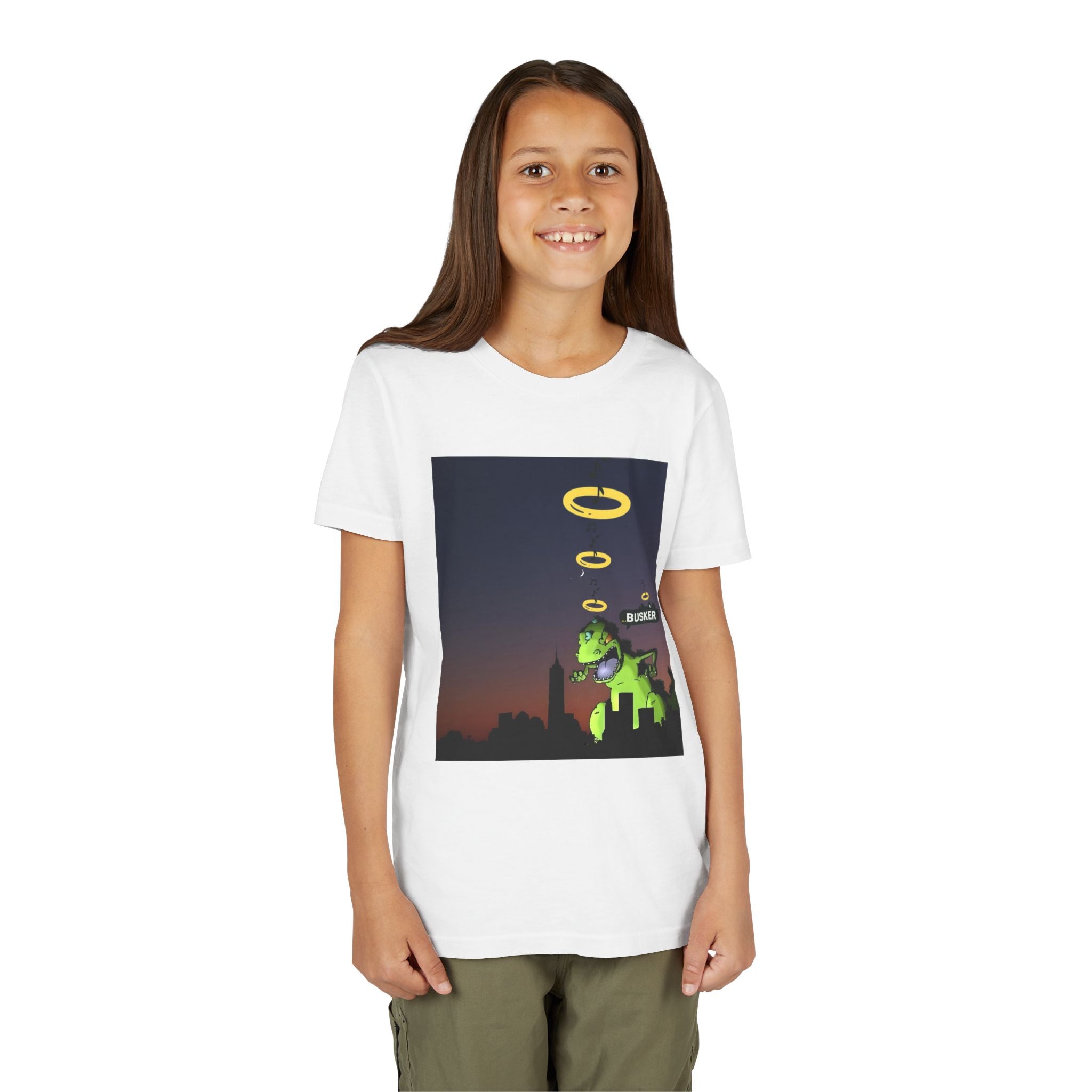 Youth Graphic Tee with Dinosaur Design, Fun Tee for Kids, Summer Style, Birthday Gift, Casual Wear, Playful Outfit, Busker Theme