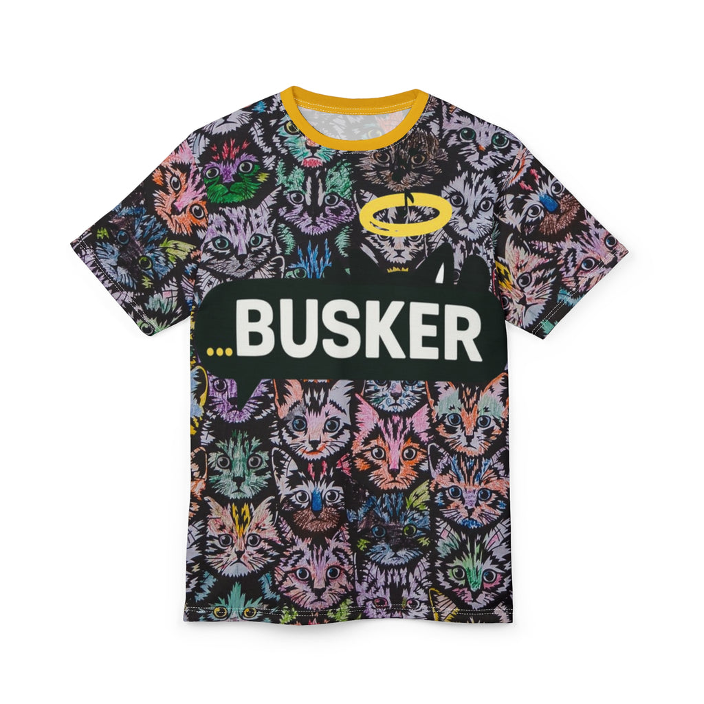 Colorful Cat-Themed Unisex Tee, Fun Graphic T-Shirt, Cat Lover Gift, Casual Wear, Unique AOP Design, Busker Inspired Apparel