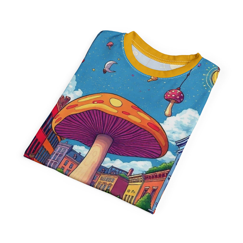 Colorful Mushroom Art Unisex Tee, Funky Graphic Tee, Gift for Music Lovers, Street Art Apparel, Summer Festival Shirt, Unique AOP T-Shirt
