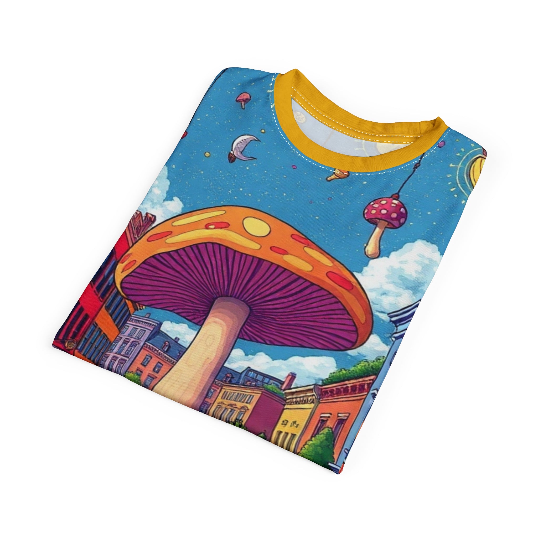 Colorful Mushroom Art Unisex Tee, Funky Graphic Tee, Gift for Music Lovers, Street Art Apparel, Summer Festival Shirt, Unique AOP T-Shirt