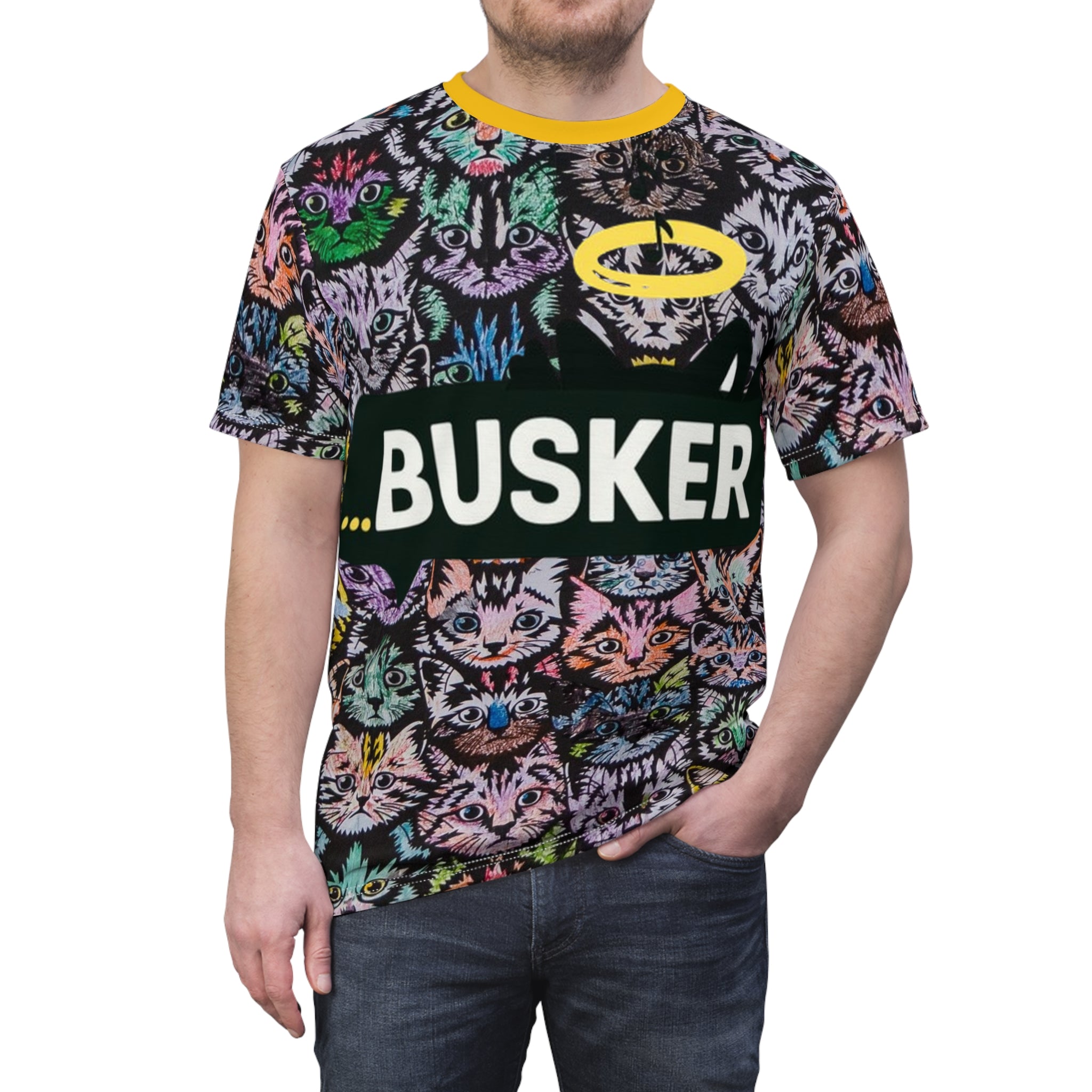 Colorful Cat-Themed Unisex Tee, Fun Graphic T-Shirt, Cat Lover Gift, Casual Wear, Unique AOP Design, Busker Inspired Apparel