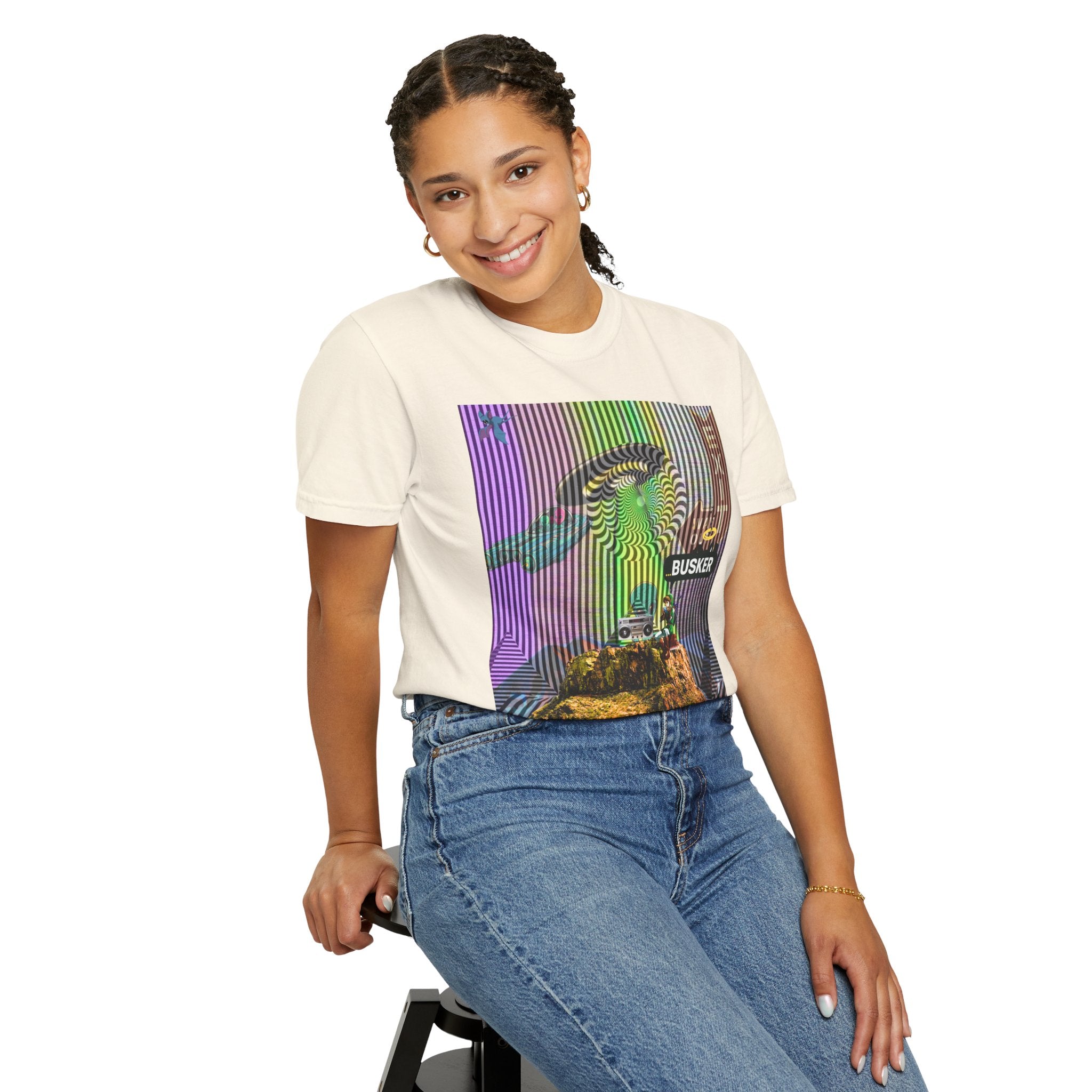 Psychedelic Busker T-Shirt, Unisex Graphic Tee, Music Lover Gift, Festival Wear, Casual Streetwear, Colorful Arttee