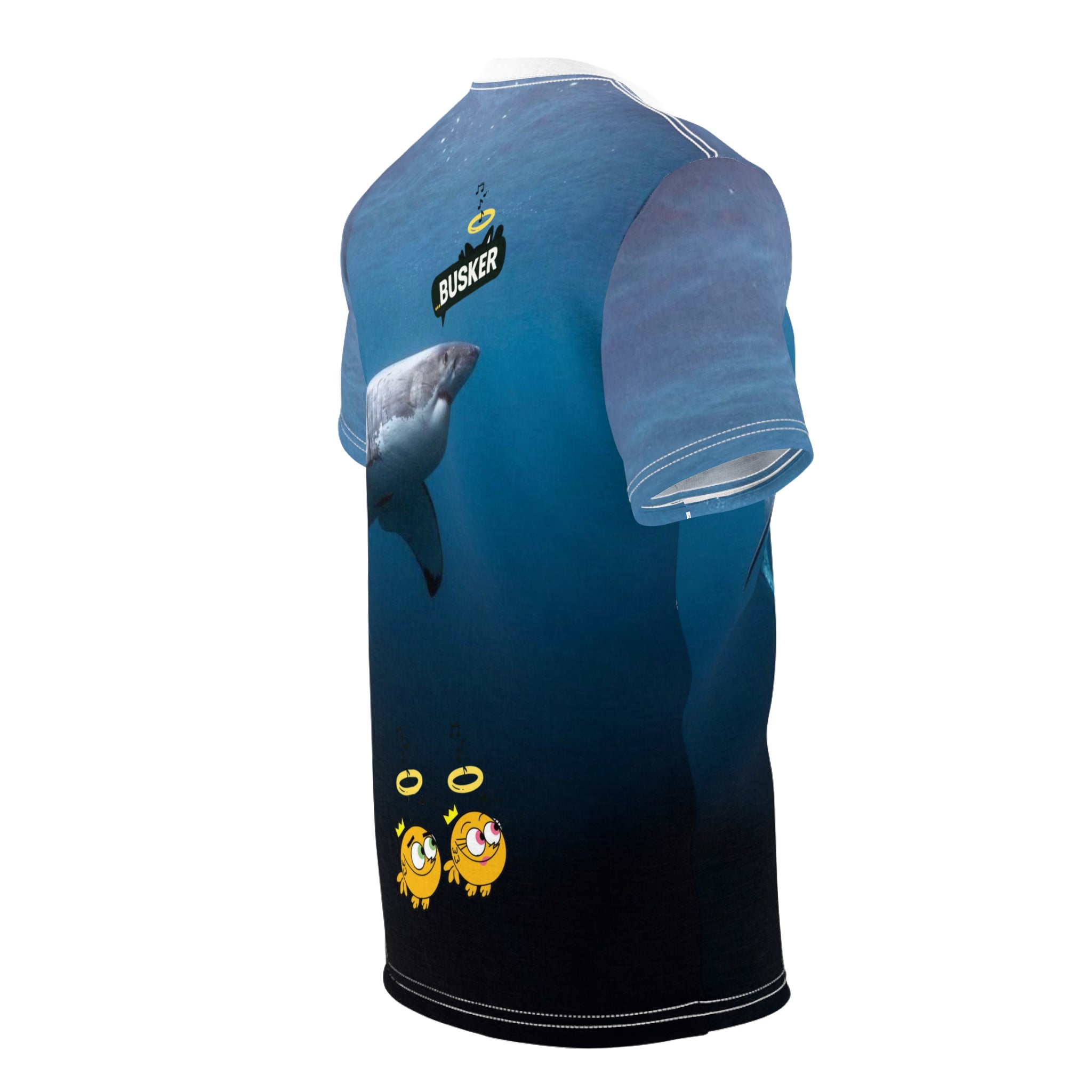 Ocean-Inspired Unisex Cut & Sew Tee, Unique Shark Design, Beachwear, Fun Gift for Ocean Lovers, Playful and Comfortable Clothing