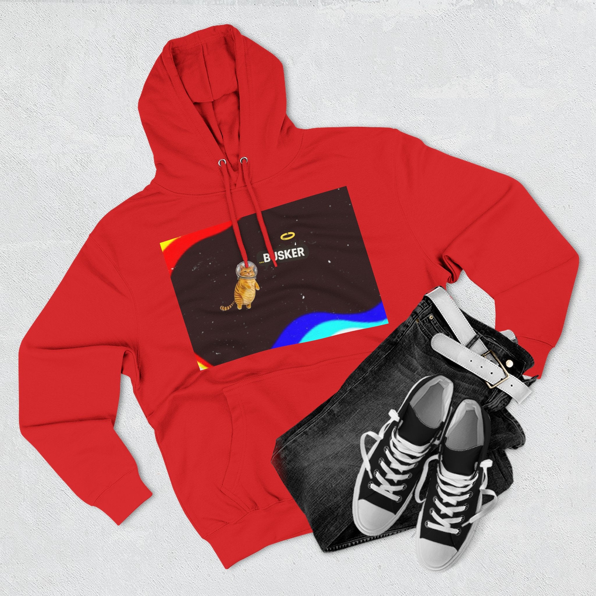 Colorful Space Cat Fleece Hoodie, Cozy, Unique, Gift for Cat Lovers, Birthday, Casual Wear, Fun Design