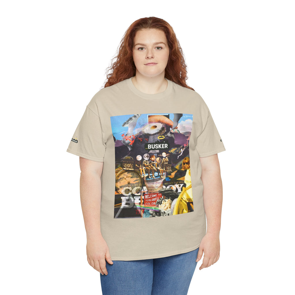 Busker Collage Graphic Tee — Vintage Music Poster Streetwear