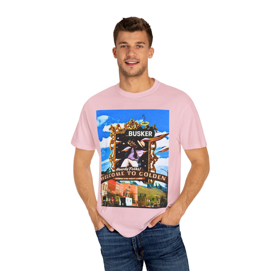 "Welcome to Golden" Exclusive Busker Unisex Garment-Dyed T-shirt, Music Lover Gift, Vintage Style Tee, Festival Wear, Casual Outfit