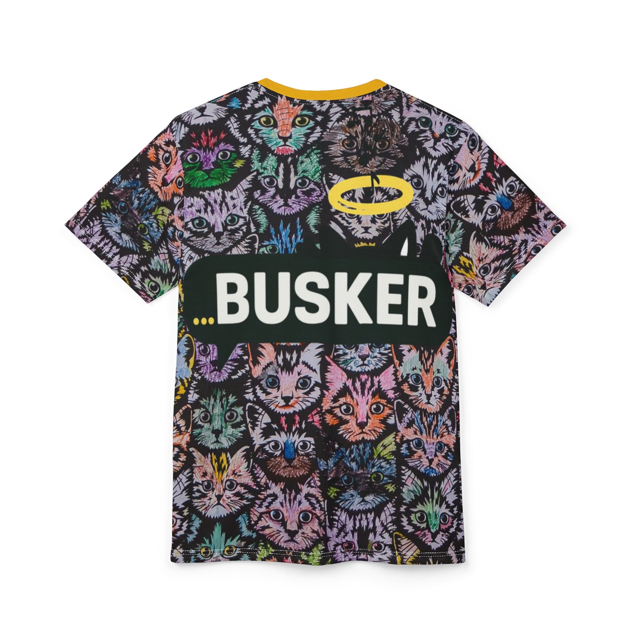 Colorful Cat-Themed Unisex Tee, Fun Graphic T-Shirt, Cat Lover Gift, Casual Wear, Unique AOP Design, Busker Inspired Apparel