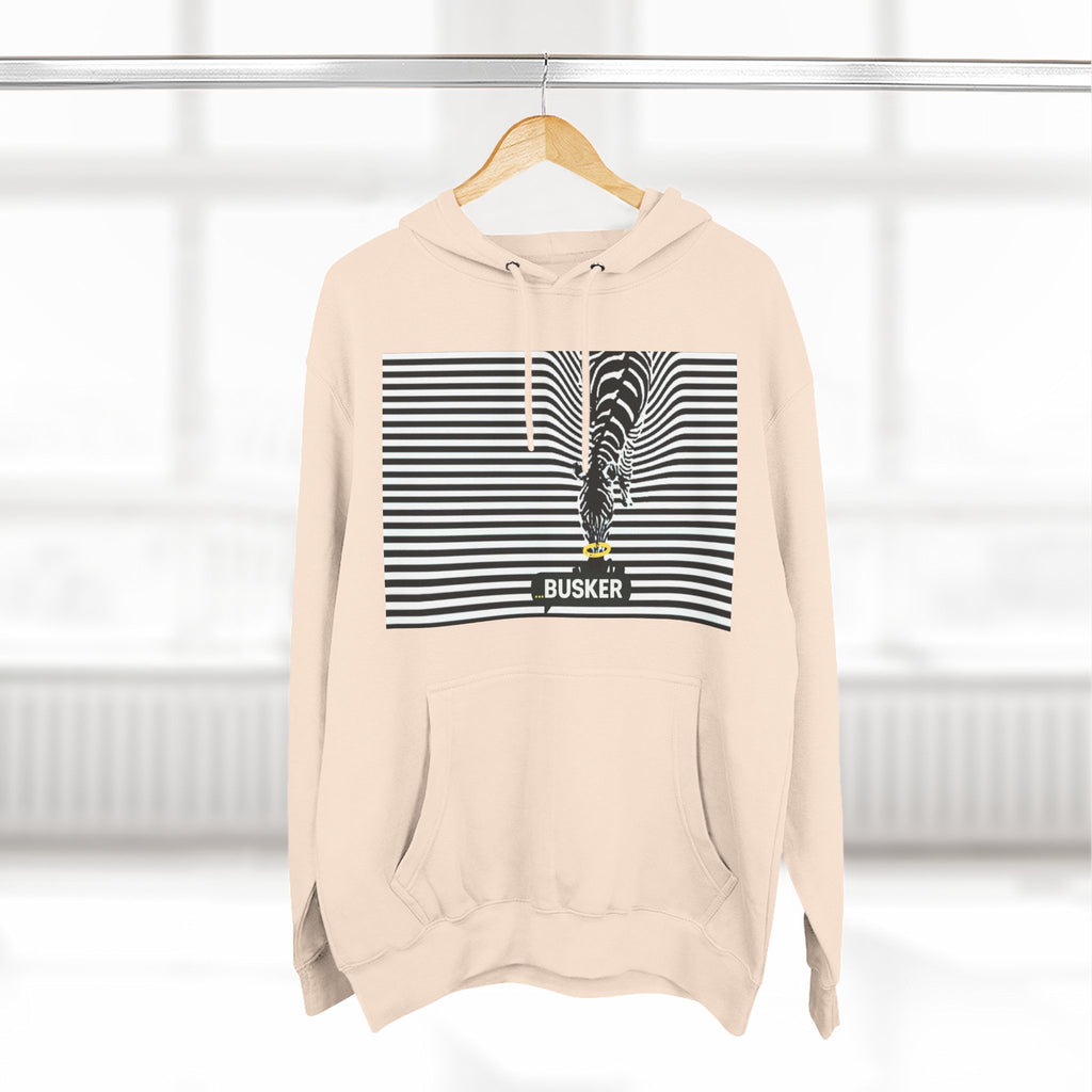 Busker Three-Panel Fleece Hoodie, Striped Design, Unisex Fashion Hoodie, Cozy Gift for Music Lovers, Street Performer Style