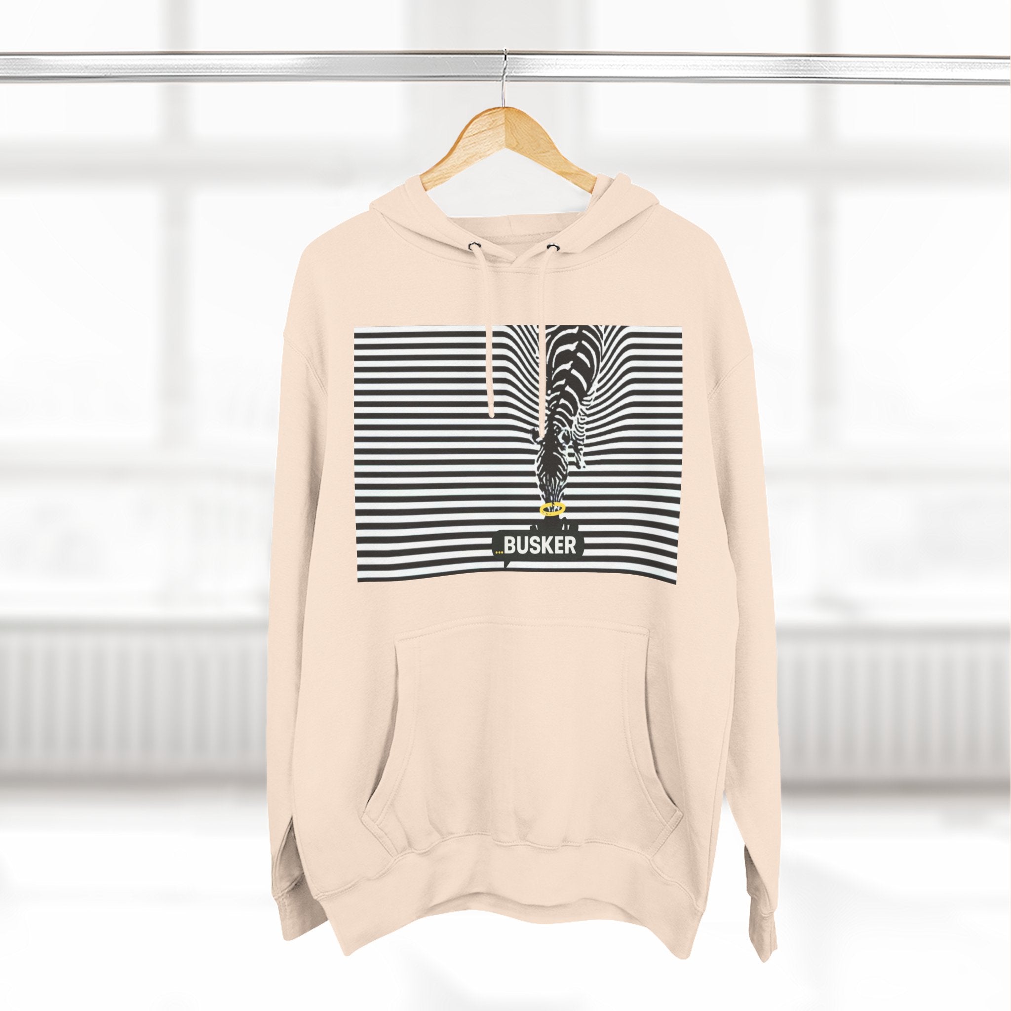 Busker Three-Panel Fleece Hoodie, Striped Design, Unisex Fashion Hoodie, Cozy Gift for Music Lovers, Street Performer Style