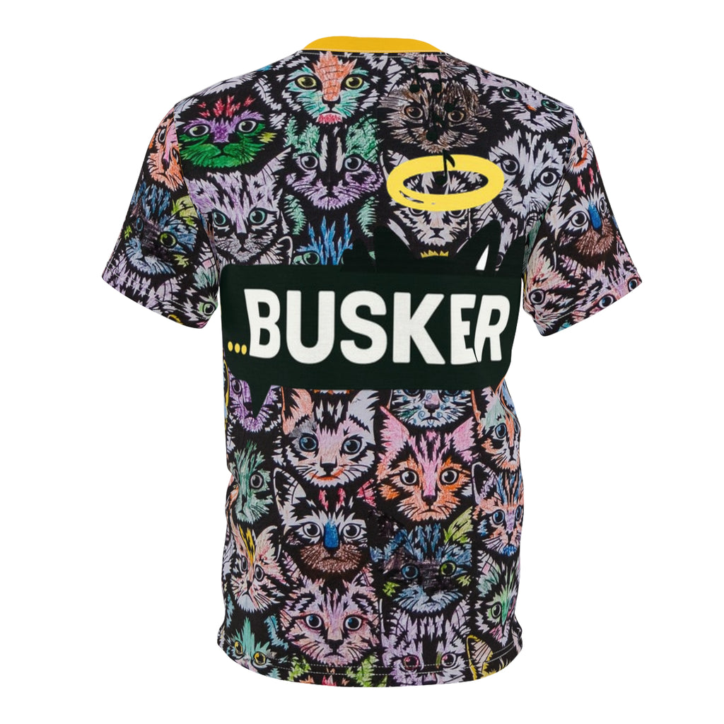 Colorful Cat-Themed Unisex Tee, Fun Graphic T-Shirt, Cat Lover Gift, Casual Wear, Unique AOP Design, Busker Inspired Apparel