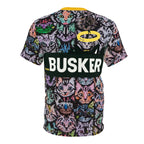 Colorful Cat-Themed Unisex Tee, Fun Graphic T-Shirt, Cat Lover Gift, Casual Wear, Unique AOP Design, Busker Inspired Apparel