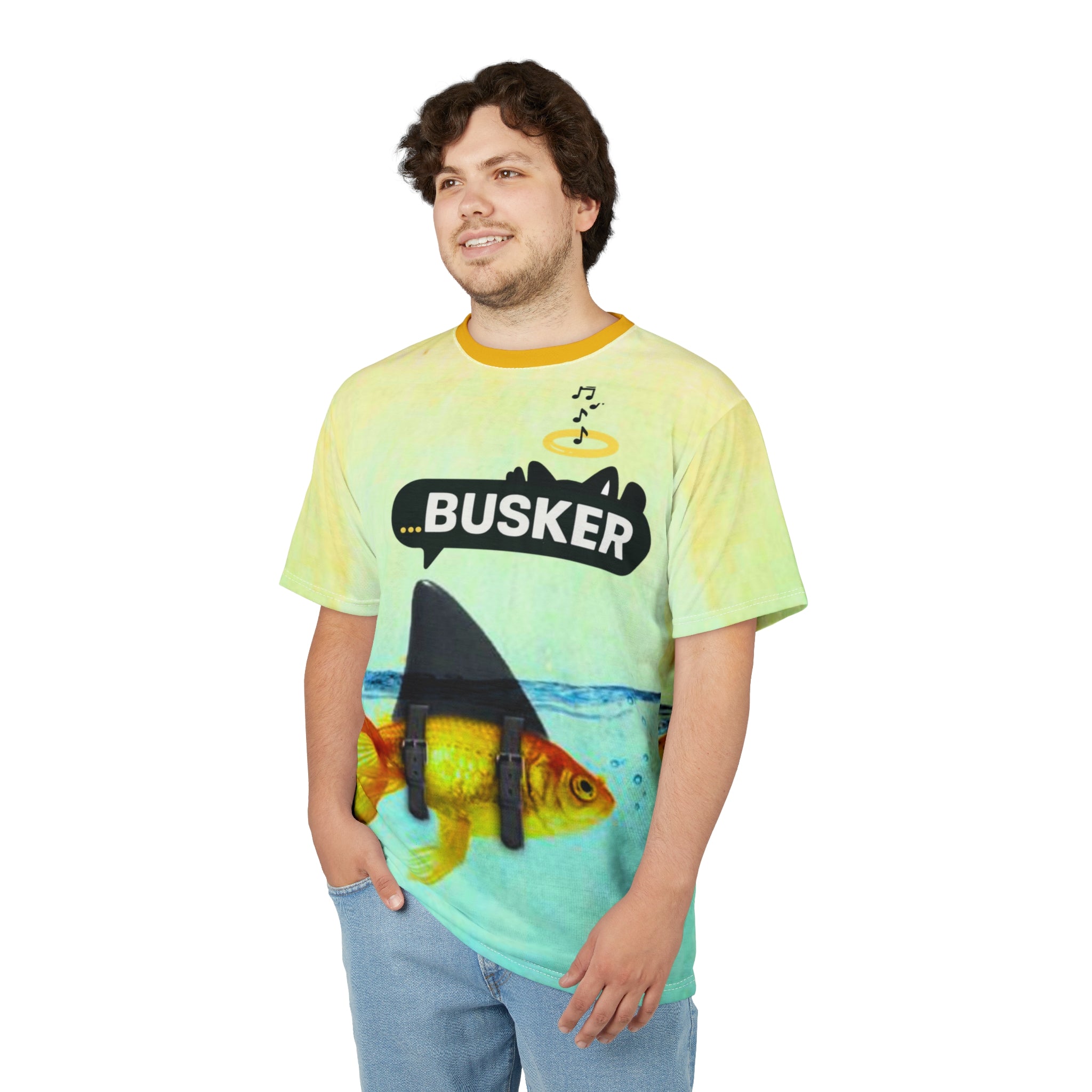 Goldfish Busker Unisex Tee, Fun Graphic T-Shirt, Music Lover Gift, Quirky Ocean Apparel, Summer Vibes Shirt, Unique Beachwear