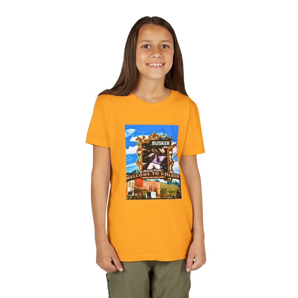 Golden Busker Youth Tee, Summer T-Shirt, Kids Casual Wear, Music Festival Swag, Gift for Young Artists