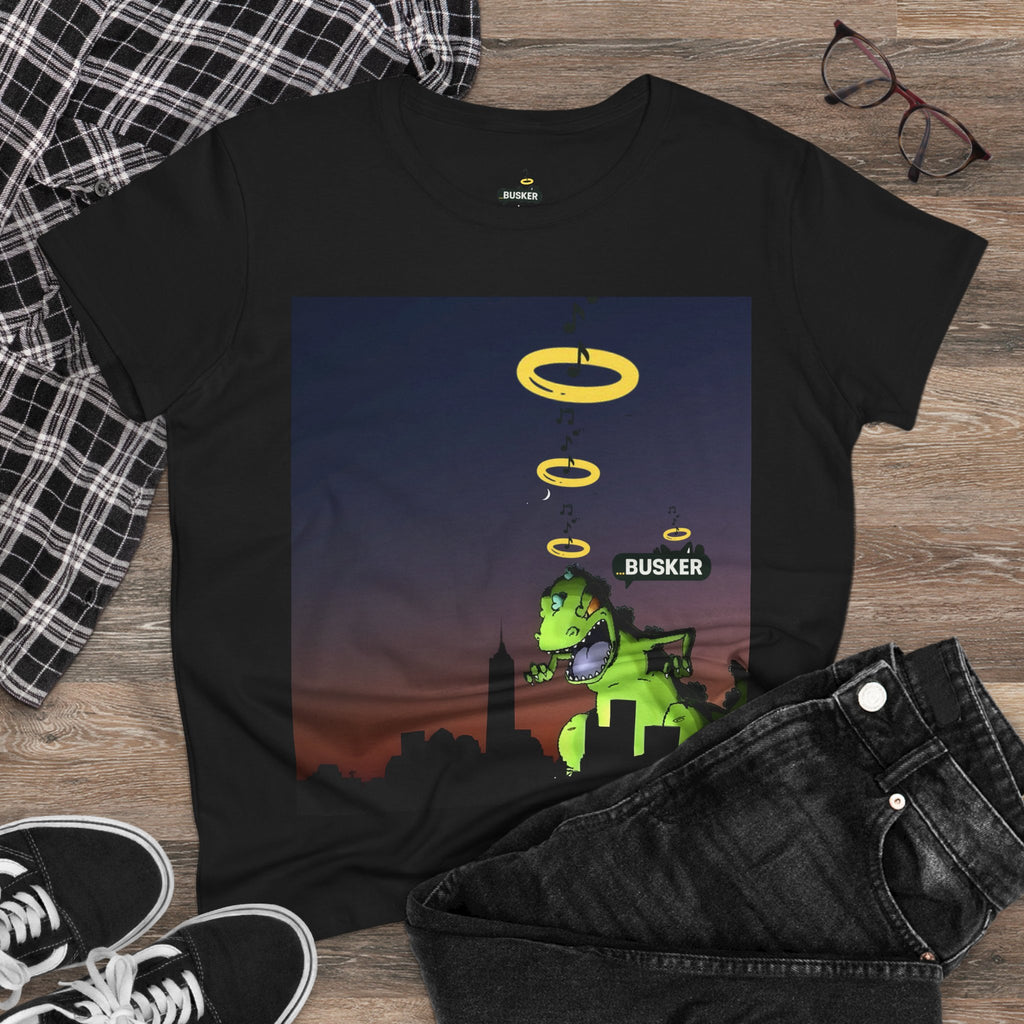 Dinosaur Busker Tee - Fun Women's Cotton T-Shirt, Casual Wear, Gift for Music Lovers, Dinosaur Design, Summer Essential