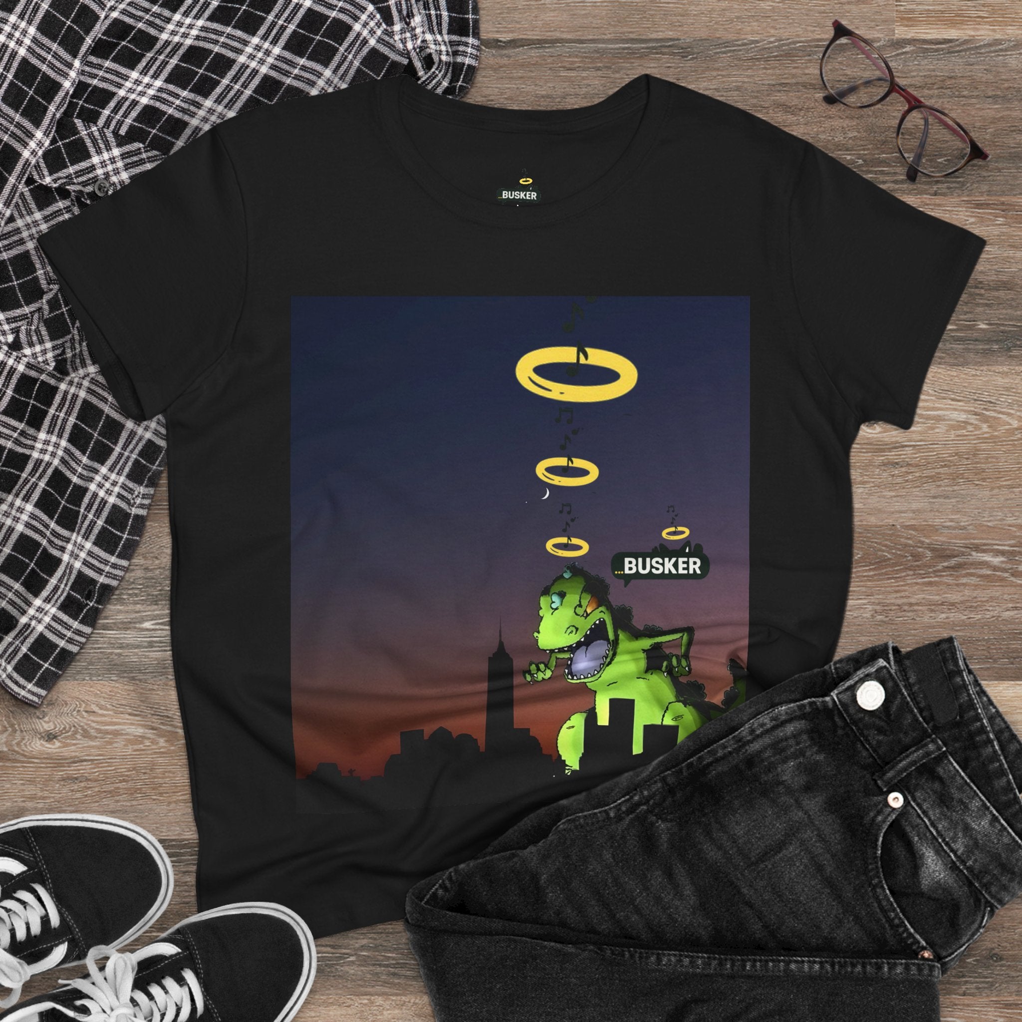 Dinosaur Busker Tee - Fun Women's Cotton T-Shirt, Casual Wear, Gift for Music Lovers, Dinosaur Design, Summer Essential