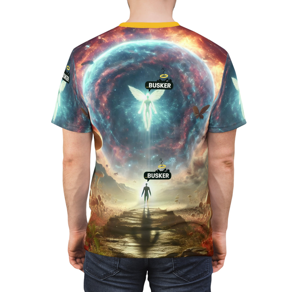 Cosmic Adventure Unisex Tee, Fantasy T-Shirt, Artistic AOP Shirt, Gift for Dreamers, Unique Casual Wear, Festival Clothing