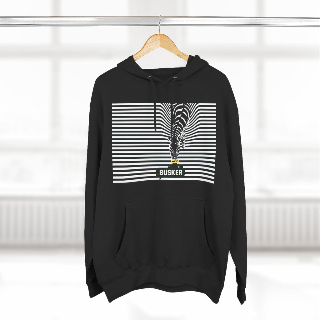 Busker Three-Panel Fleece Hoodie, Striped Design, Unisex Fashion Hoodie, Cozy Gift for Music Lovers, Street Performer Style