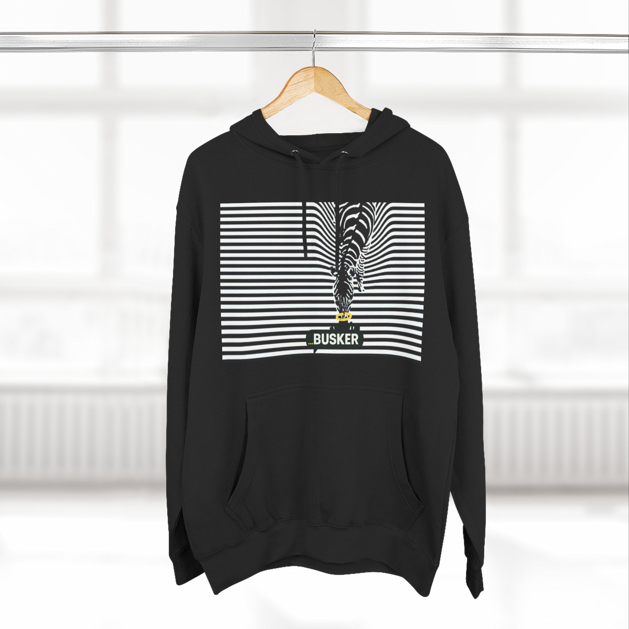 Busker Three-Panel Fleece Hoodie, Striped Design, Unisex Fashion Hoodie, Cozy Gift for Music Lovers, Street Performer Style
