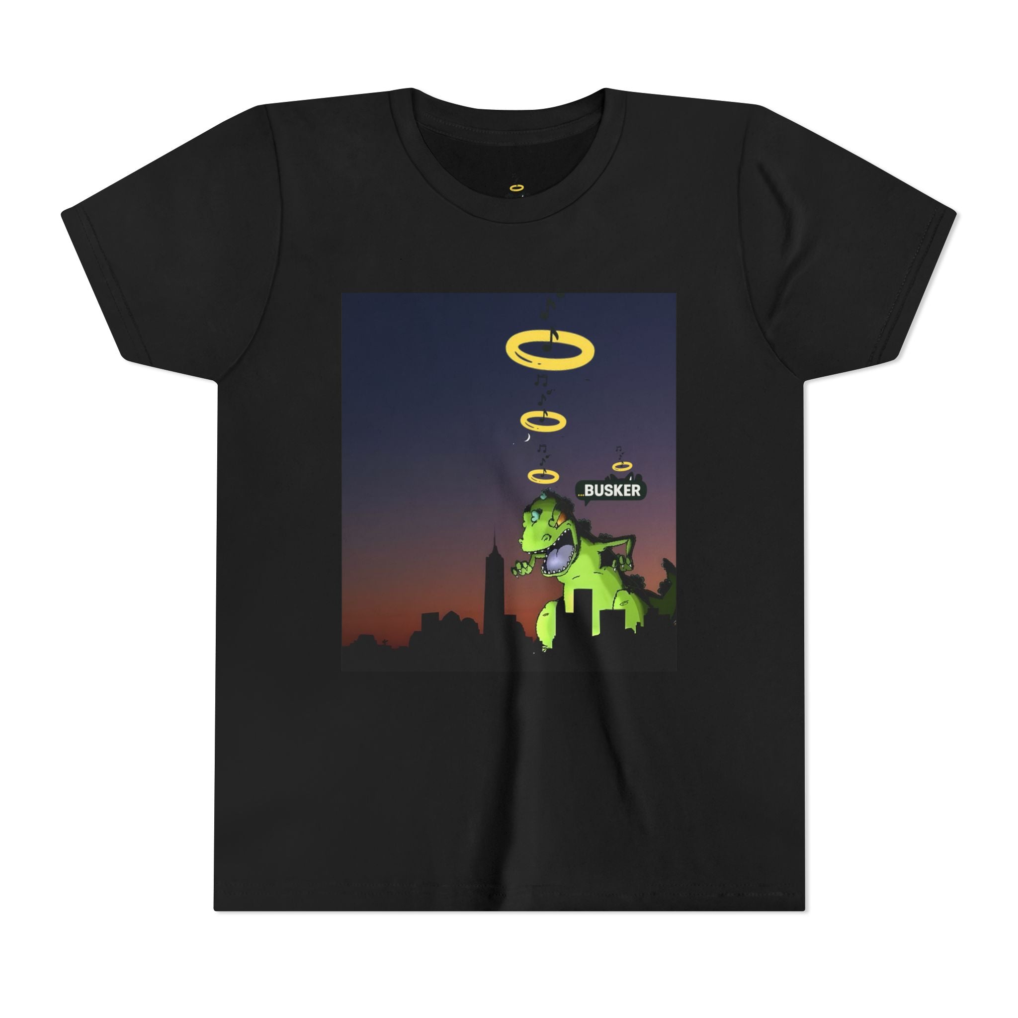 Youth Graphic Tee with Dinosaur Design, Fun Tee for Kids, Summer Style, Birthday Gift, Casual Wear, Playful Outfit, Busker Theme