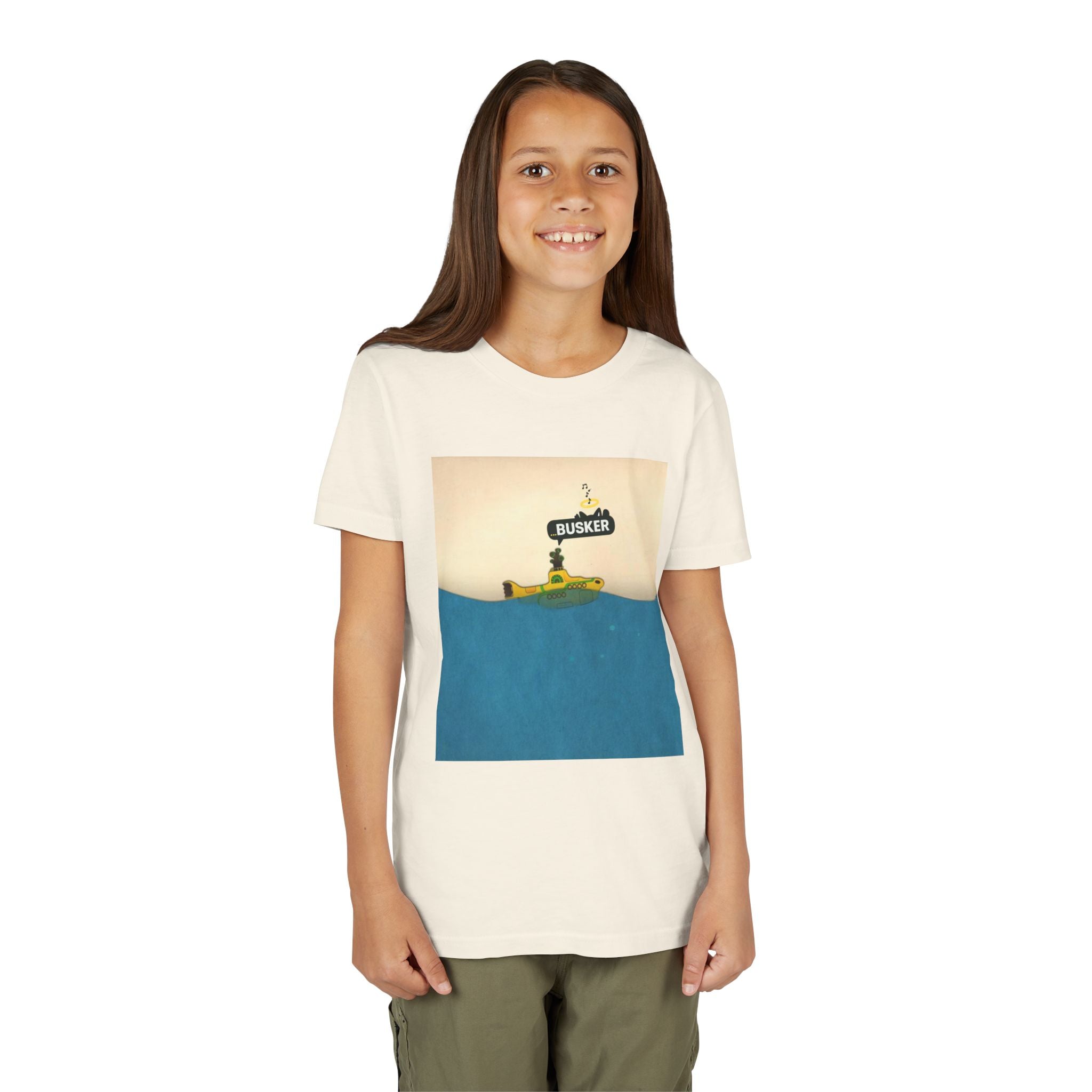 Whimsical Youth Tee with 'Busker' Design, Fun Gift, Summer Style, Music Lovers, Kid's Fashion, Creative Apparel