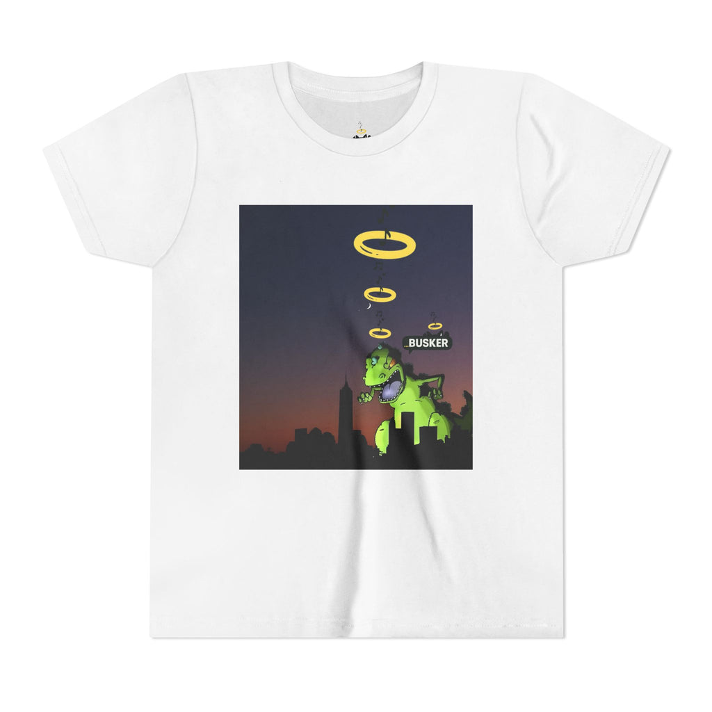 Youth Graphic Tee with Dinosaur Design, Fun Tee for Kids, Summer Style, Birthday Gift, Casual Wear, Playful Outfit, Busker Theme