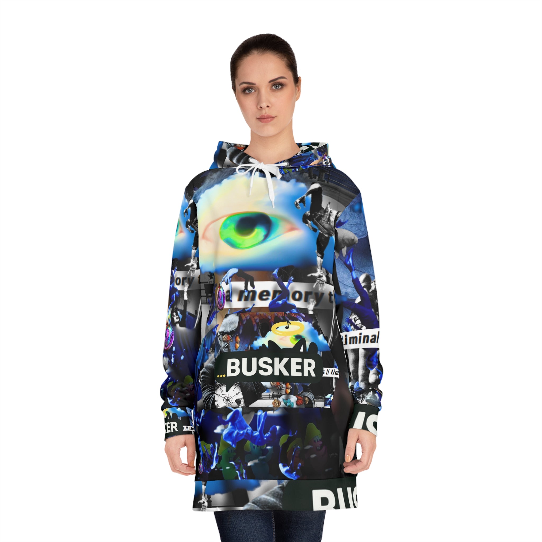 Busker Eye Hoodie Dress — All-Over Print Graphic Streetwear