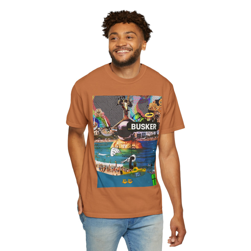 Vibrant Busker T-Shirt, Unisex Graphic Tee, Street Art Inspired Apparel, Casual Wear, Summer Festival Clothing