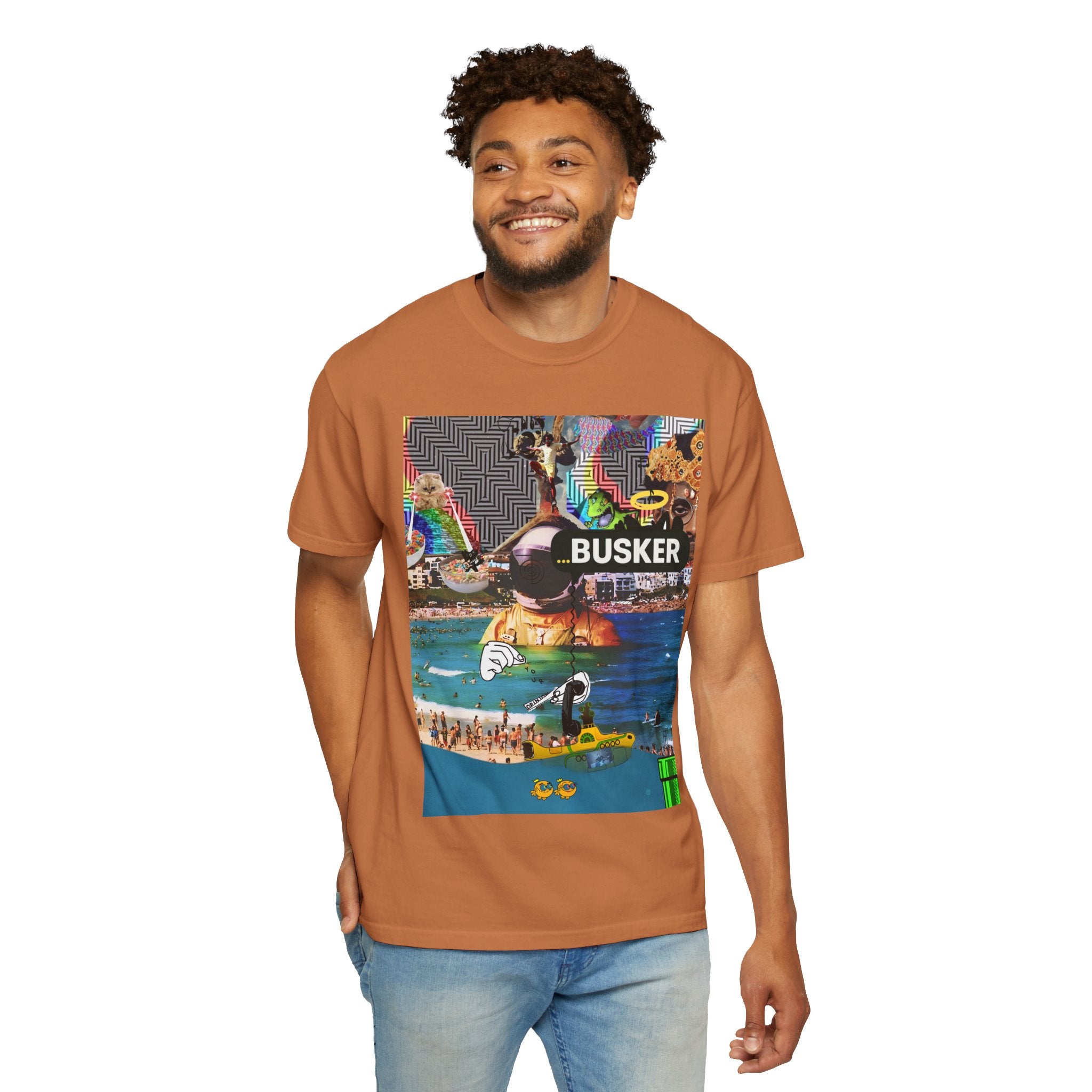 Vibrant Busker T-Shirt, Unisex Graphic Tee, Street Art Inspired Apparel, Casual Wear, Summer Festival Clothing