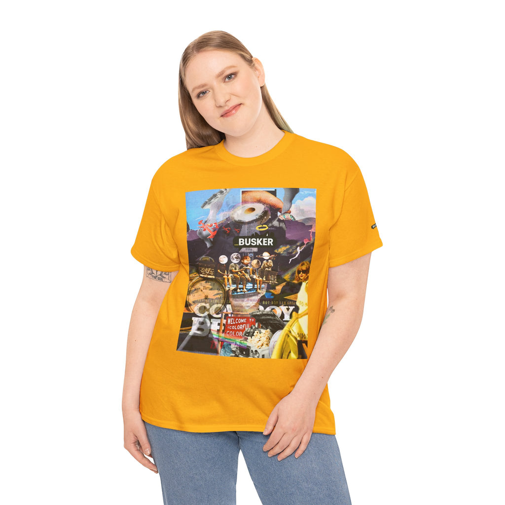 Busker Collage Graphic Tee — Vintage Music Poster Streetwear