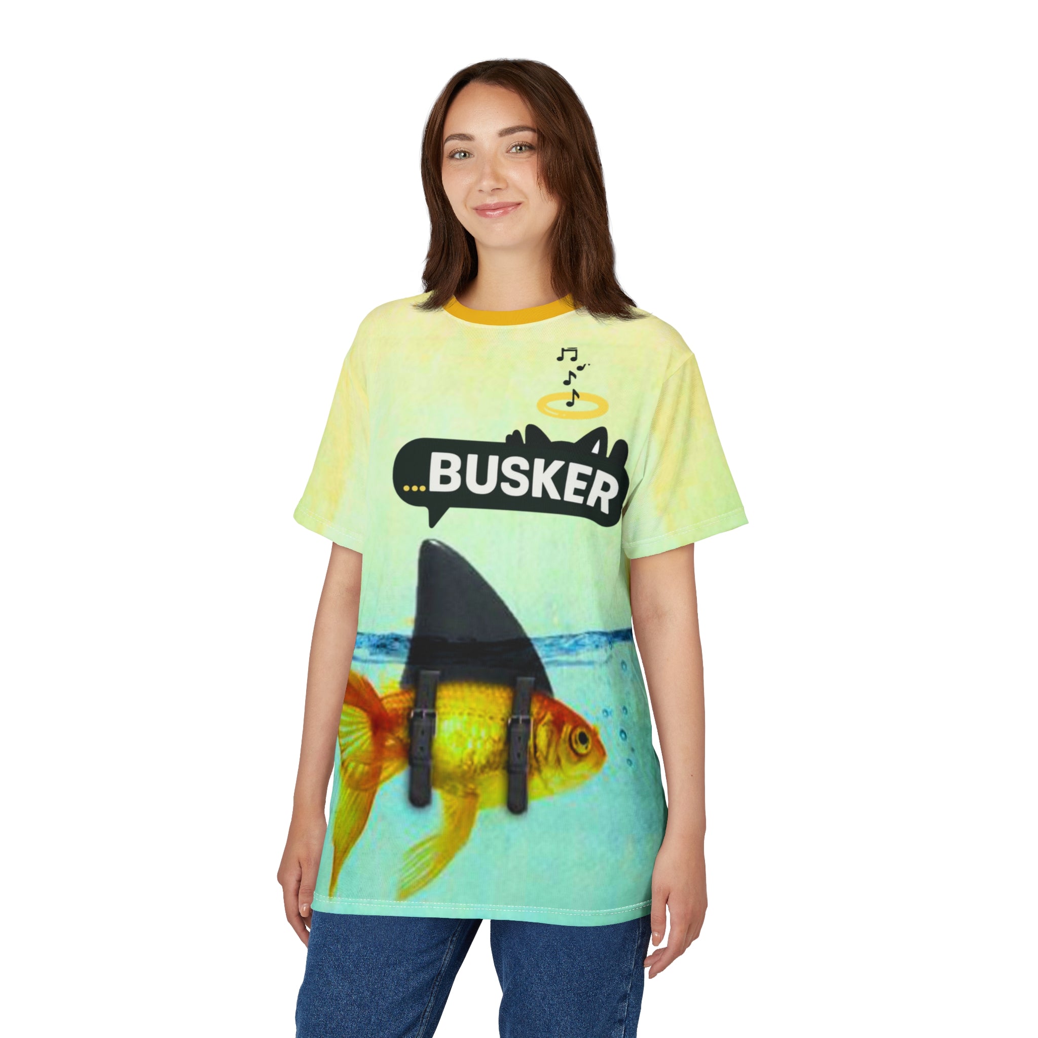 Goldfish Busker Unisex Tee, Fun Graphic T-Shirt, Music Lover Gift, Quirky Ocean Apparel, Summer Vibes Shirt, Unique Beachwear