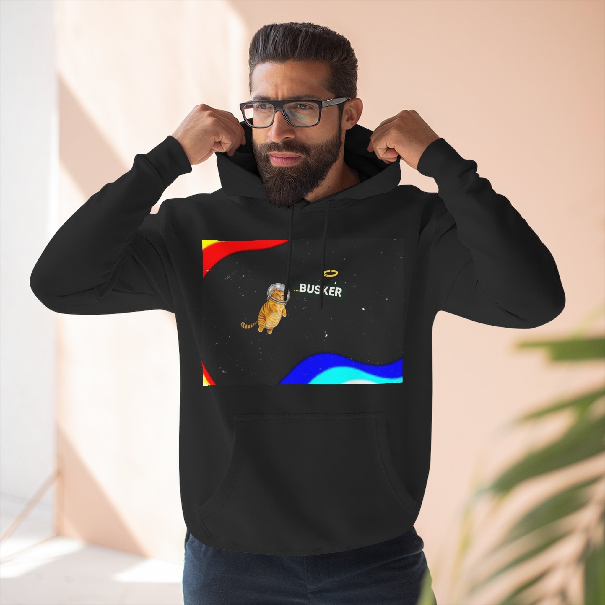 Colorful Space Cat Fleece Hoodie, Cozy, Unique, Gift for Cat Lovers, Birthday, Casual Wear, Fun Design